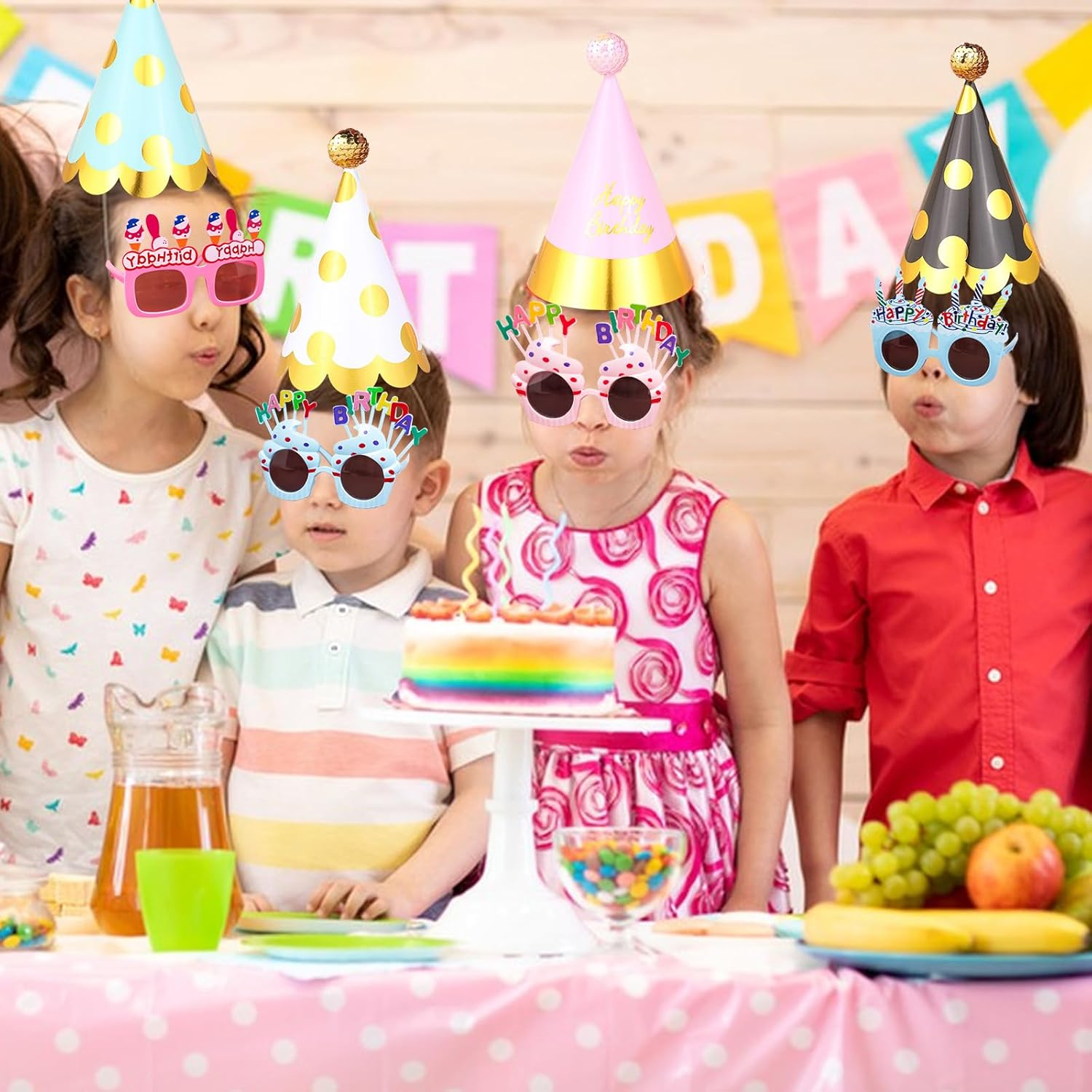 Xugoox 16 Pcs Happy Birthday Party Hats Birthday Sunglasses Pom Pom Assorted Boys Girls Rainbow Birthday Hat and Glasses Paper Cone Hats for All Ages Birthday Party Favors Decor Photo Props