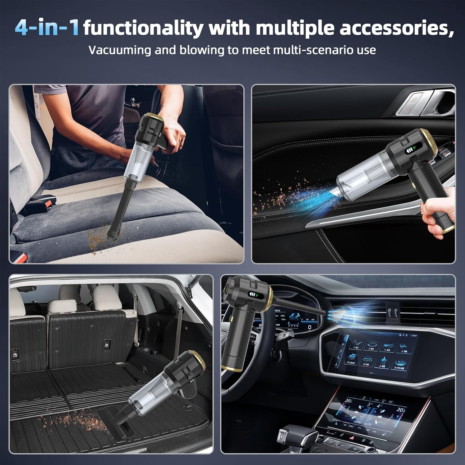 Cordless Handheld Vacuum Cleaner,Rechargeable Portable Lightweight Dust Blower,22000Pa Powerful Suction Mini Car Vacuum Cleaner for Deep Cleaning of Home,Car and Pet Hair(Black-Gold) image number 5