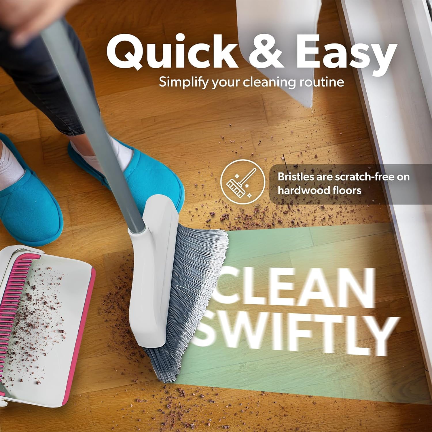 BLACK+DECKER Butler Broom & Dustpan Set - Stand-Up Design - Lightweight, Space-Saving Combo for Kitchen, Living Room, Bathroom, Lobby Floors - Home Cleaning Essential, White/Pink image number 4