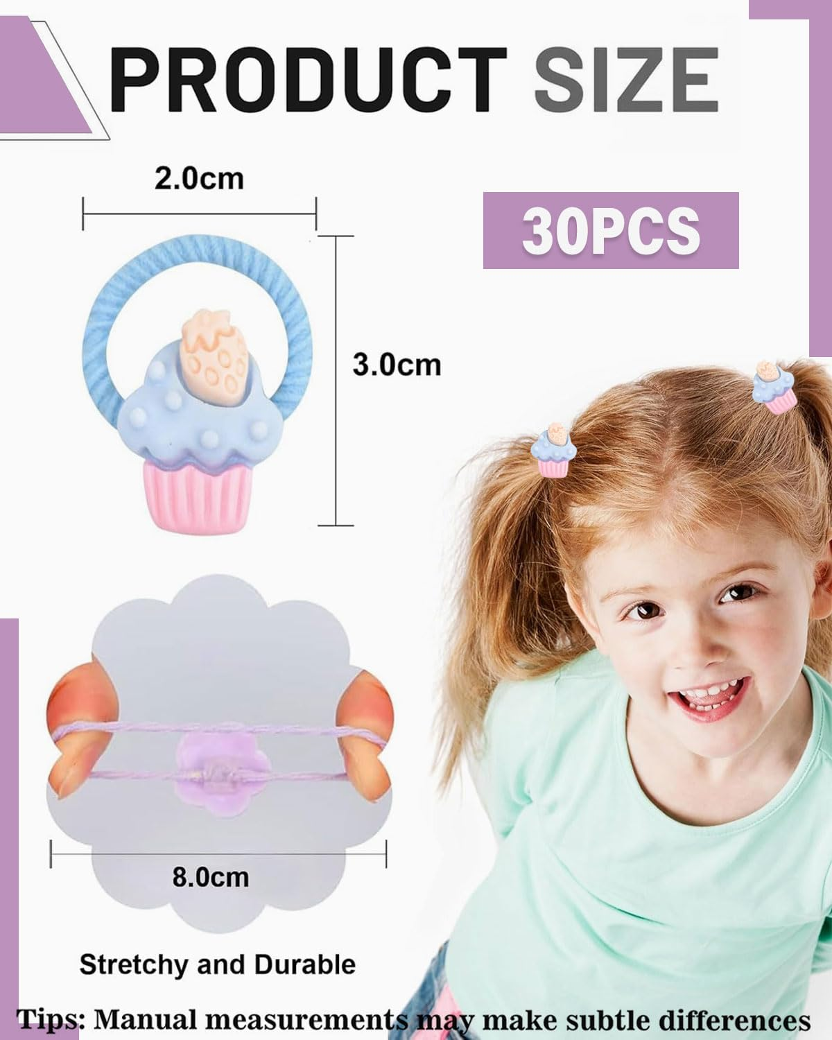 TPZORJX Pack of 30 Cute Little Hair Bobbles for Baby, Little Girls with Thin and Medium Thick Hair, Ponytail Holder Hair Accessories, Elastic Children'S Hair Bobbles with Fruits, Flowers and Bows image number 3