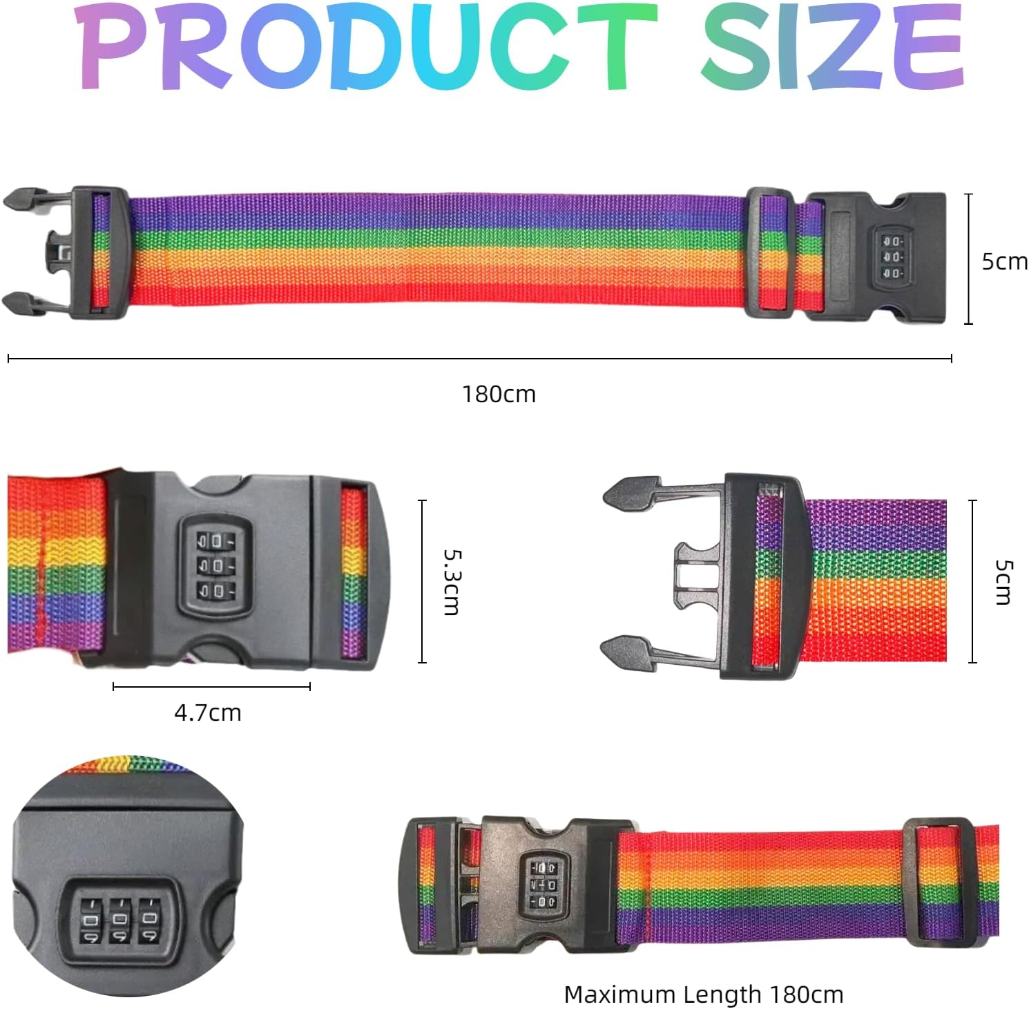 Adjustable Suitcase Strap Strap, Travel Contracts with 1-Piece Suitcase Strap with Combination Lock, 5 X 180 Cm, Safe and Durable Luggage Strap for Identification and Security (Iridescent) image number 4