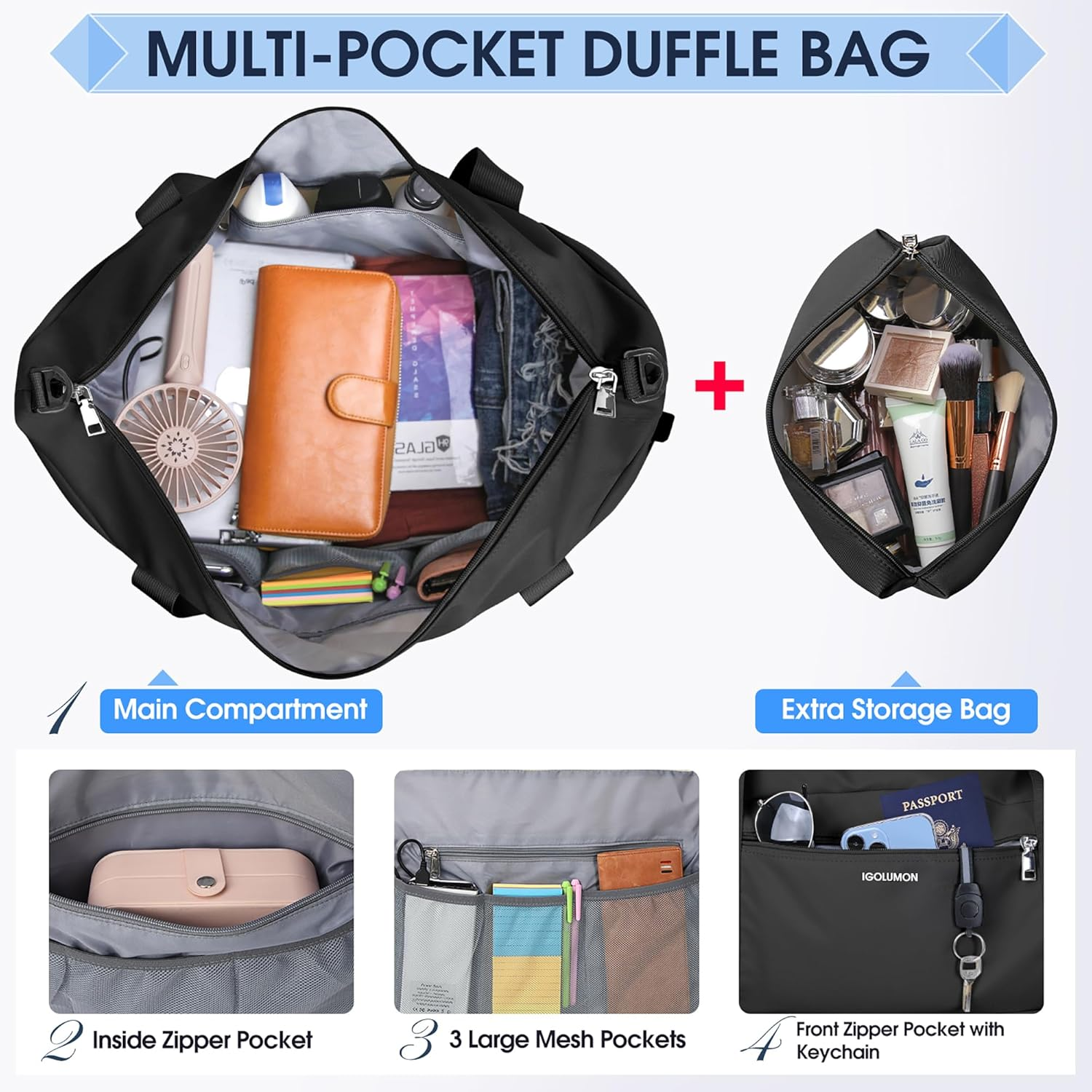 Travel Duffel Bags for Women Waterproof Weekender Overnight Bag Gym Tote Bag with Shoe Compartment and Wet Pocket Weekend Carry on Duffle Bag with USB Charging Port, Black image number 6