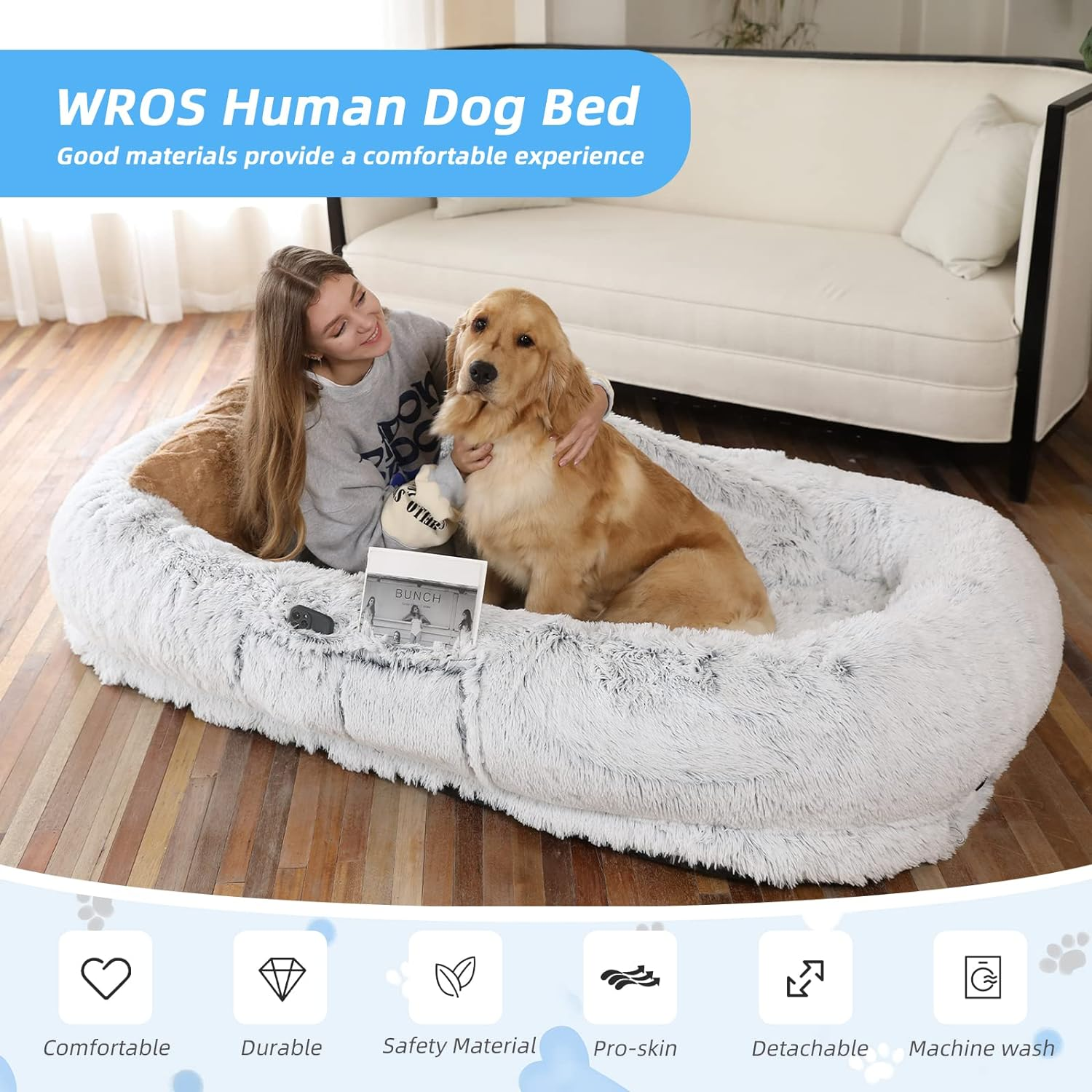 WROS Human Dog Bed, 71''X45''X12'' Size Fits You and Pets, Washable Faux Fur Dog Bed for People Doze Off, Napping Orthopedic Dog Bed, Present Plump Pillow, Blanket, Strap - Grey image number 5