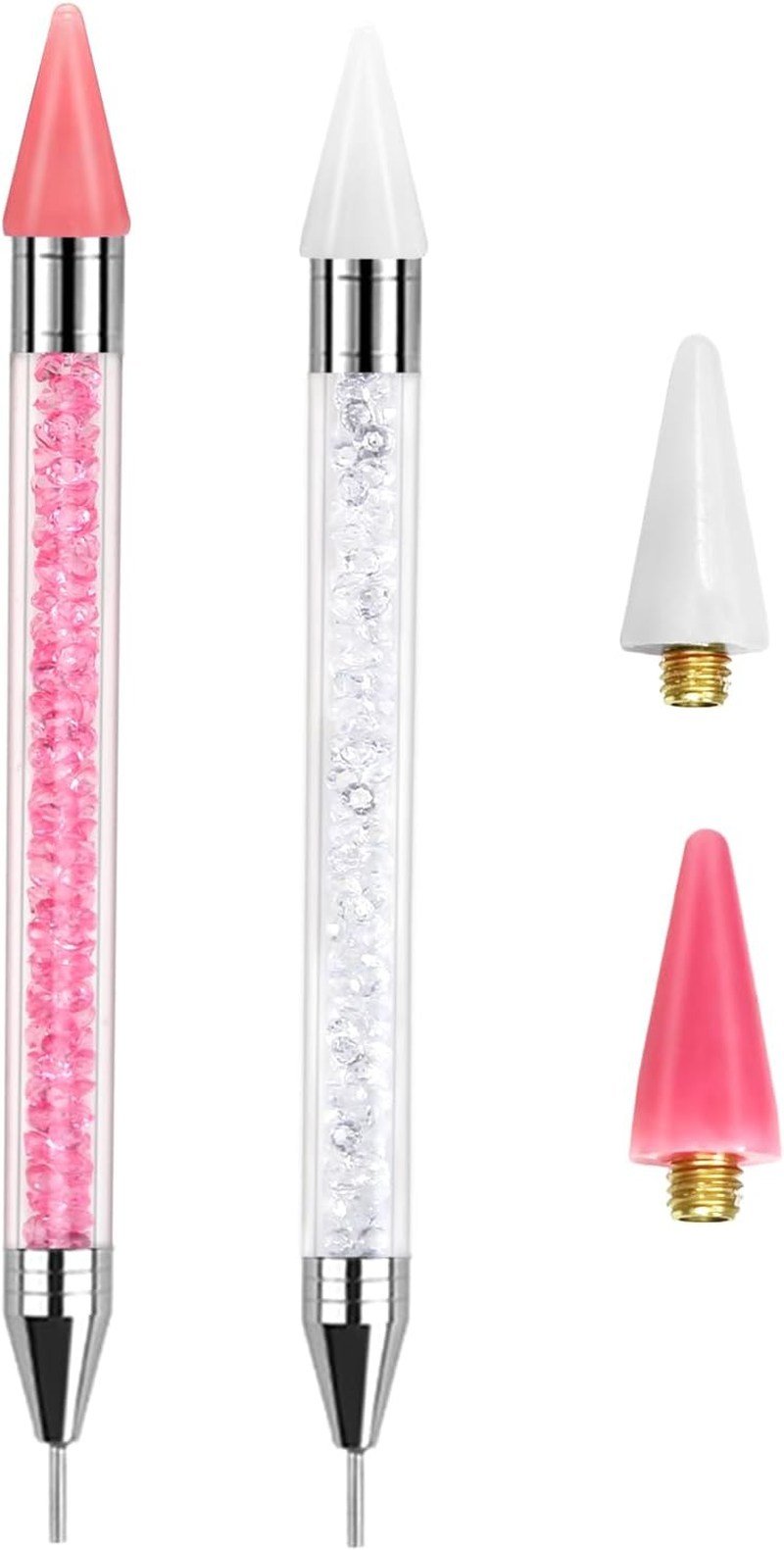 Erinde 2PCS Dual-End Rhinestone Picker Tool, Acrylic Handle Wax Pencil for Rhinestones, Dual-Ended Diamond Painting Dotting Pen DIY Nail Art Tool with 2 Extra Wax Tips, White & Pink image number 2