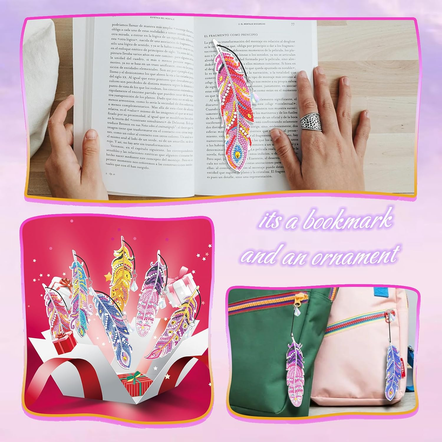 MATHARAGO 6 Pcs Diamond Painting Kits for Kids, Feather Bookmark Diamond Art Kits, DIY Crystal Diamond Art for Kids, Enfants, Girls and Women, Diamond Painting Bookmarks with Crystal Pendant (YQ088) image number 2