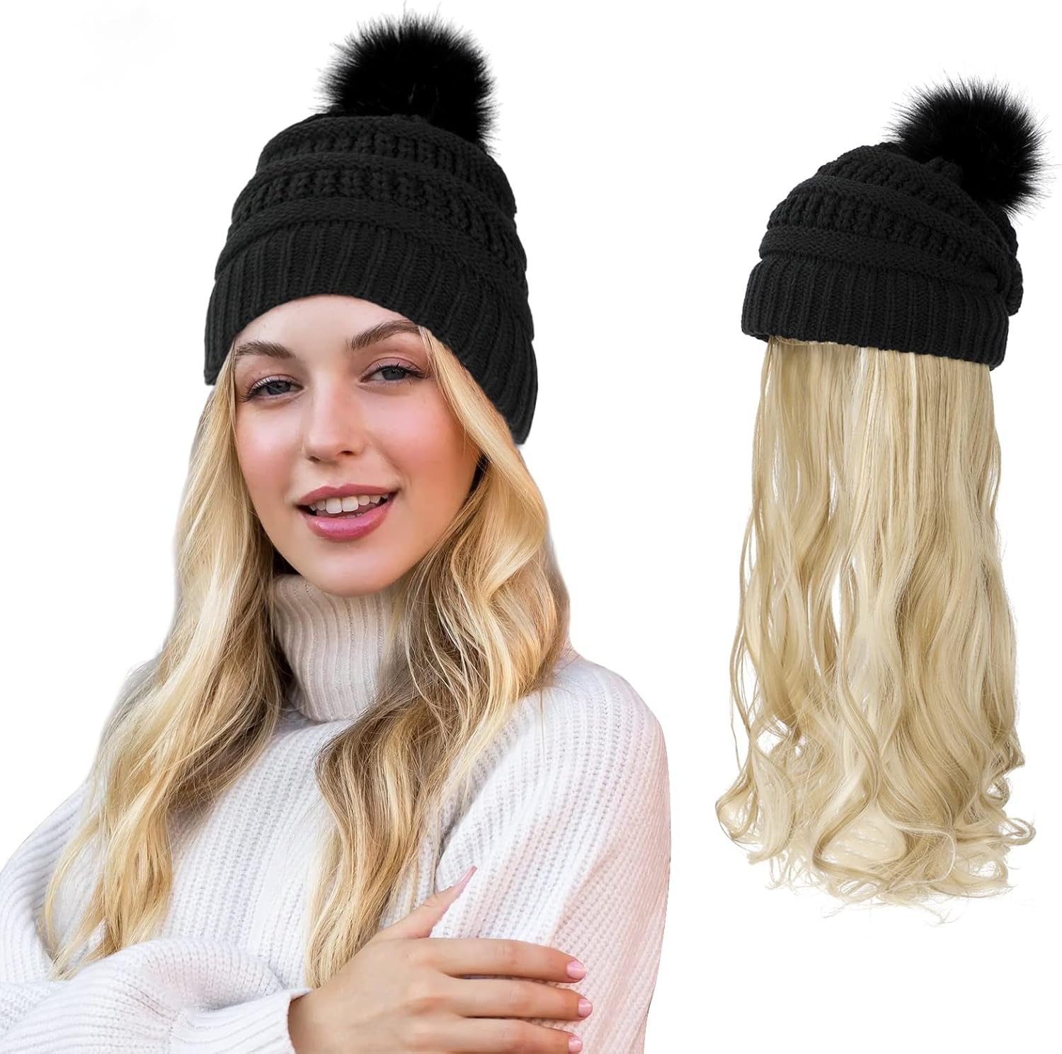 Aynnqueen Beanie with Hair Attached for Women Slouchy Cable Hat Wig Knit Beanie Winter Hat with 20" Removable Hair Extensions