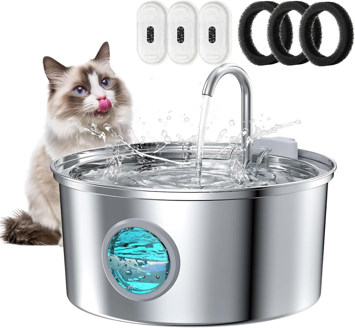 Bemuiz Cat Water Fountain：3.2L Automatic Stainless Steel Pet Water Fountain for Cats Indoor- Water Dispenser Bowl for Dogs Drinking with Quiet Pump and LED Light Water Level Window image number 3