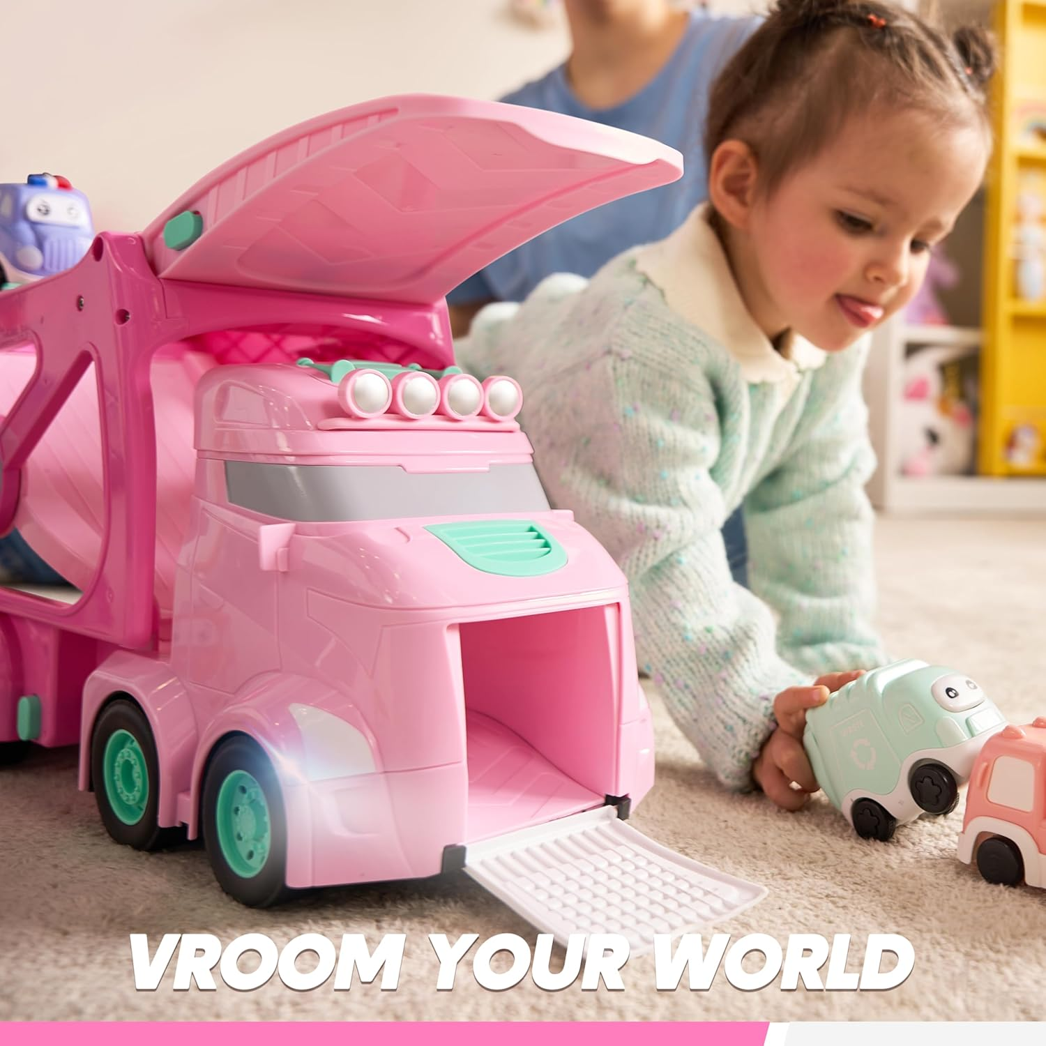 VROOMIX 3-Layer Extra Large Princess Pink Truck Toys for Girls, 7-In-1 Big Transport Vehicle Carrier Truck with Directional Tracks, Siren & Lights, 6 Cars, Chrismas Birthday Gifts for 3+ Years Old image number 5