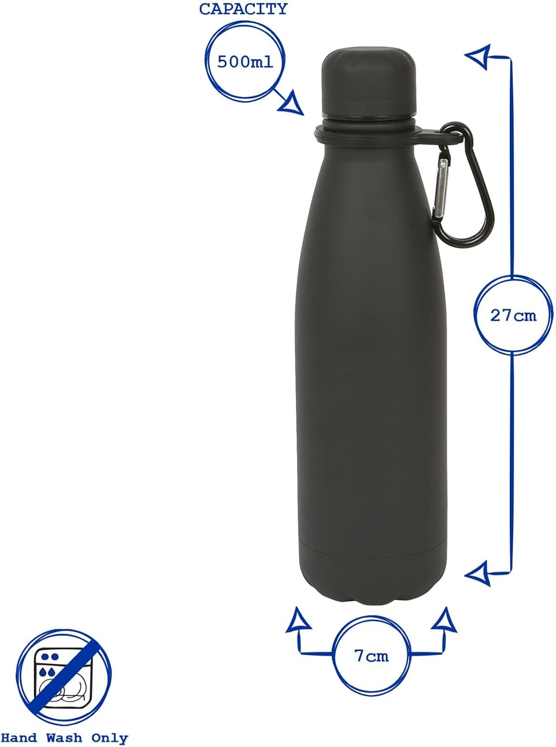 Harbour Housewares Stainless Steel Water Bottle with Carabiner Clip - 500Ml - Matt Black - 1X Metal Cold Drink Drinking Vacuum Drinks Flask with Leak Proof Lid for Adults & Kids Gym, Sports, Travel image number 3