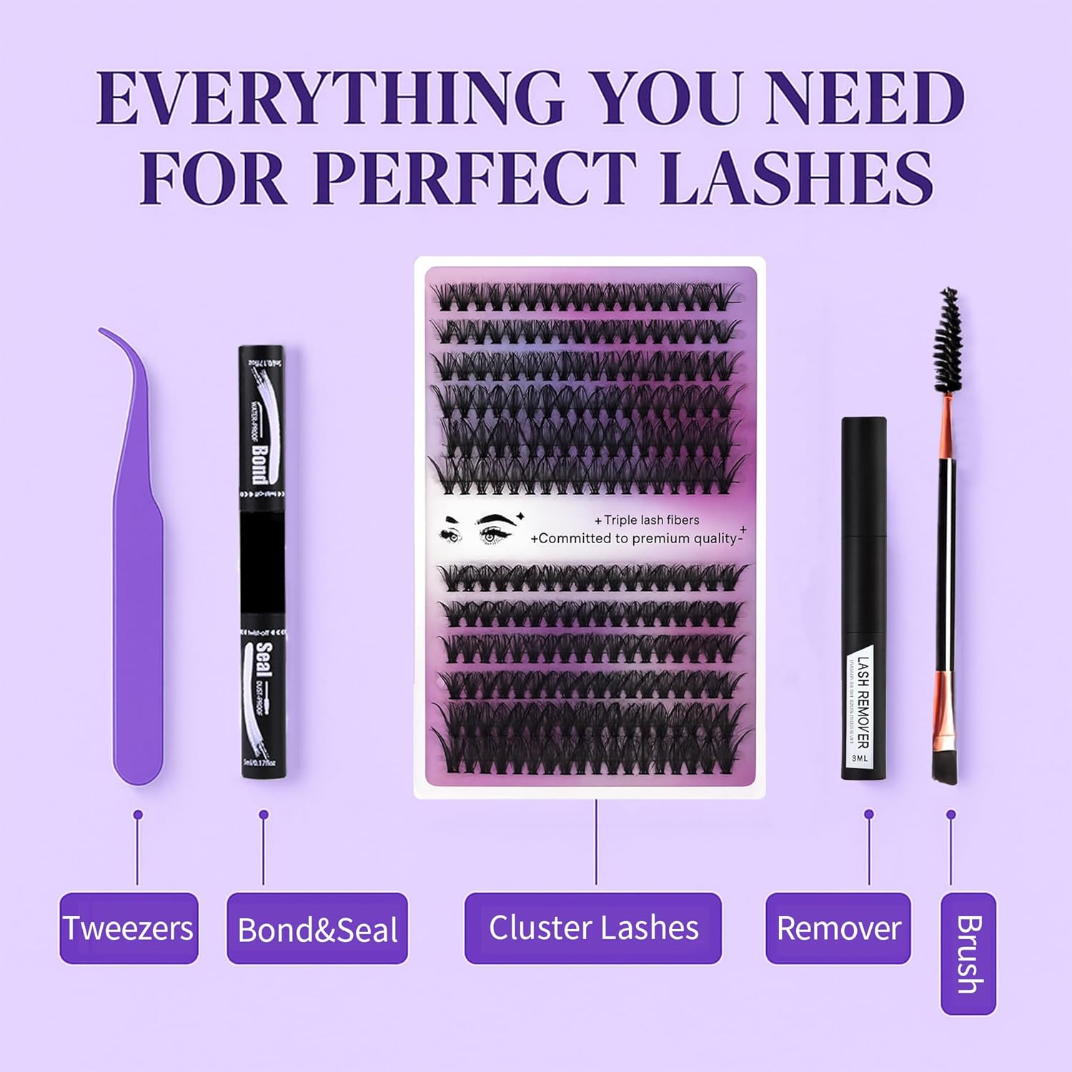 DIY Lash Extension Kit 240Pcs 30D 40D 10&ndash;14Mm, Waterproof Lash Clusters with Bond & Seal, Tweezers & Brush, Purple Packaging, At-Home Eyelash Extensions for Beginners & Professionals image number 3