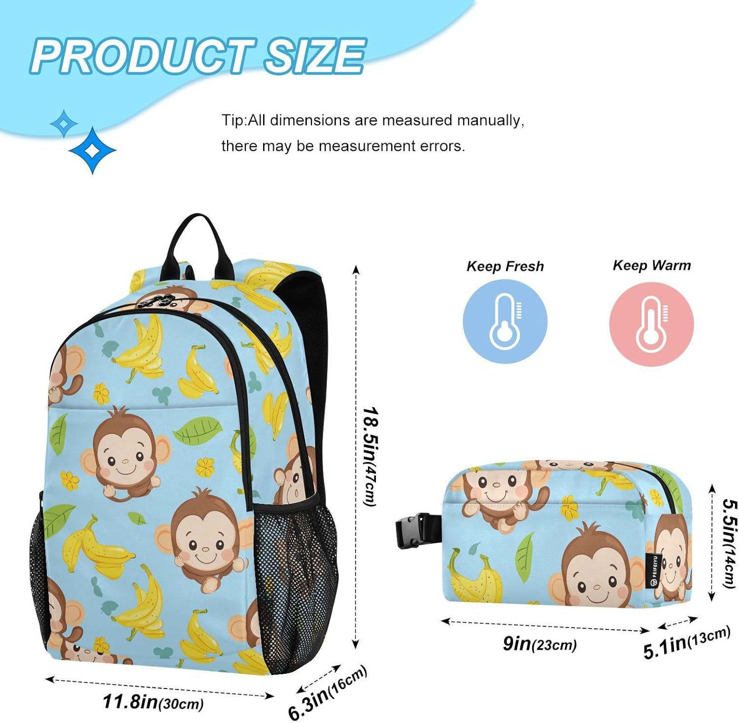 Miaozhen Cute Monkey Bananas Glory Blue Backpack and Lunch Box for Boys Boys Backpacks and Lunch Box School Backpacks for Girls with Lunch Box Age 8-10 Years Old, Cute Monkey Bananas Glory Blue, 1 image number 6