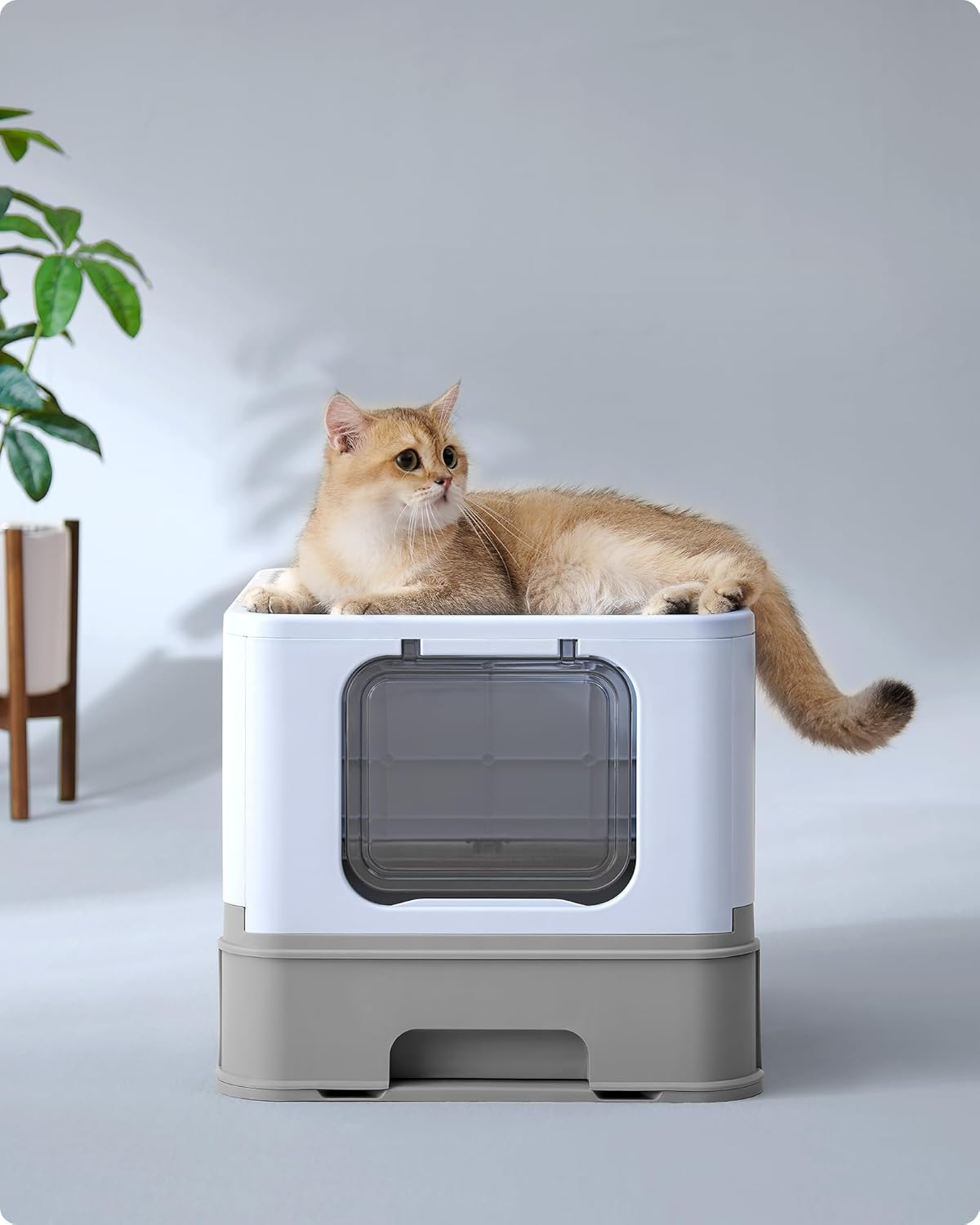 Feandrea Hidden Cat Litter Box, Cat Litter Tray with Hood, Slide-Out Tray, Scoop, Brush, Spacious for Large Cats, Max. Load 15 Kg, Anti-Tracking, Anti-Leaking, Pale Blue and Dove Grey PPT001Q01 image number 5