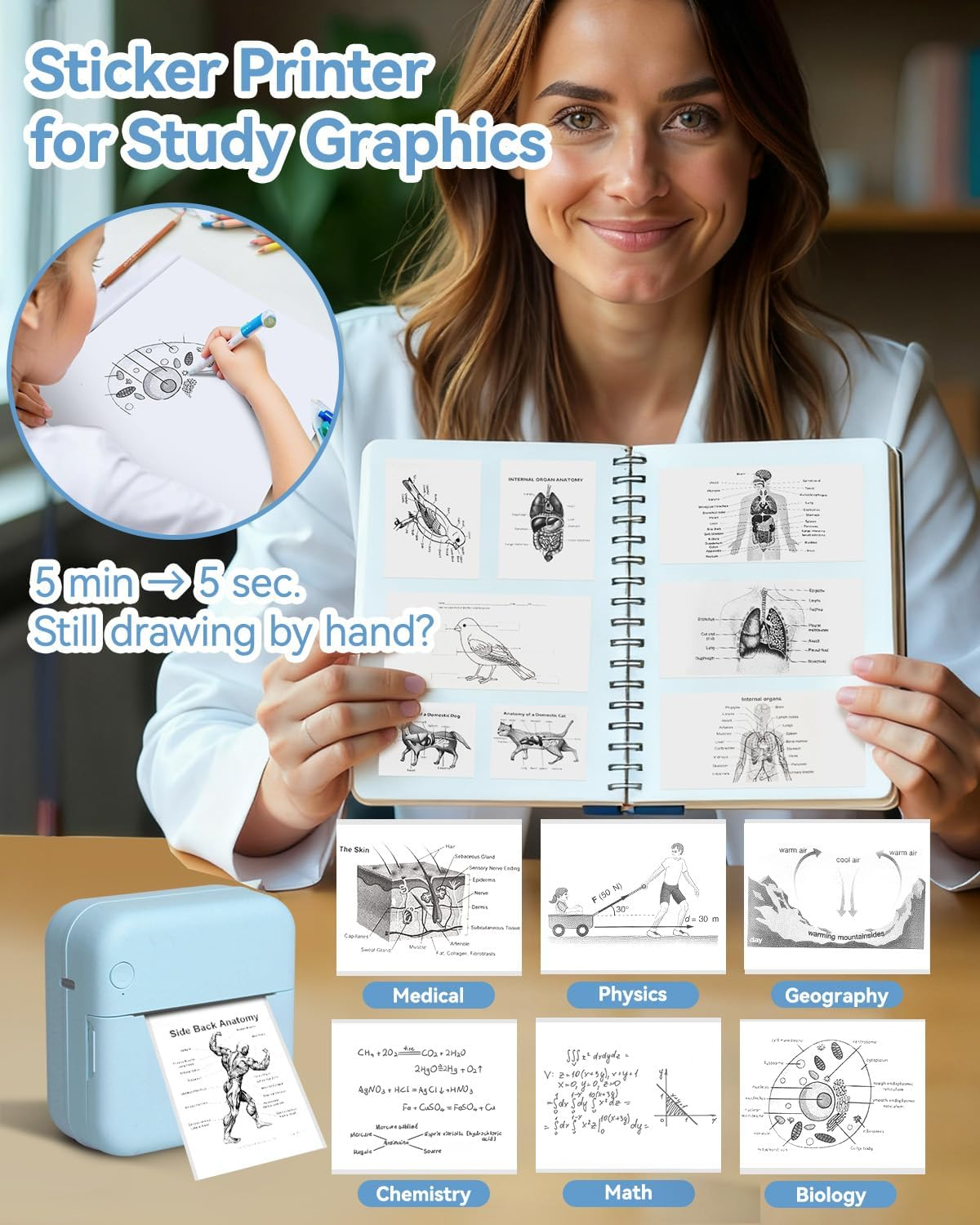 Label Maker - Mini Portable Sticker Printer with 14 Rolls Self-Adhesive Thermal Papers, Labeller Machine for Home Office Study Business Texts Journal, Blue image number 3