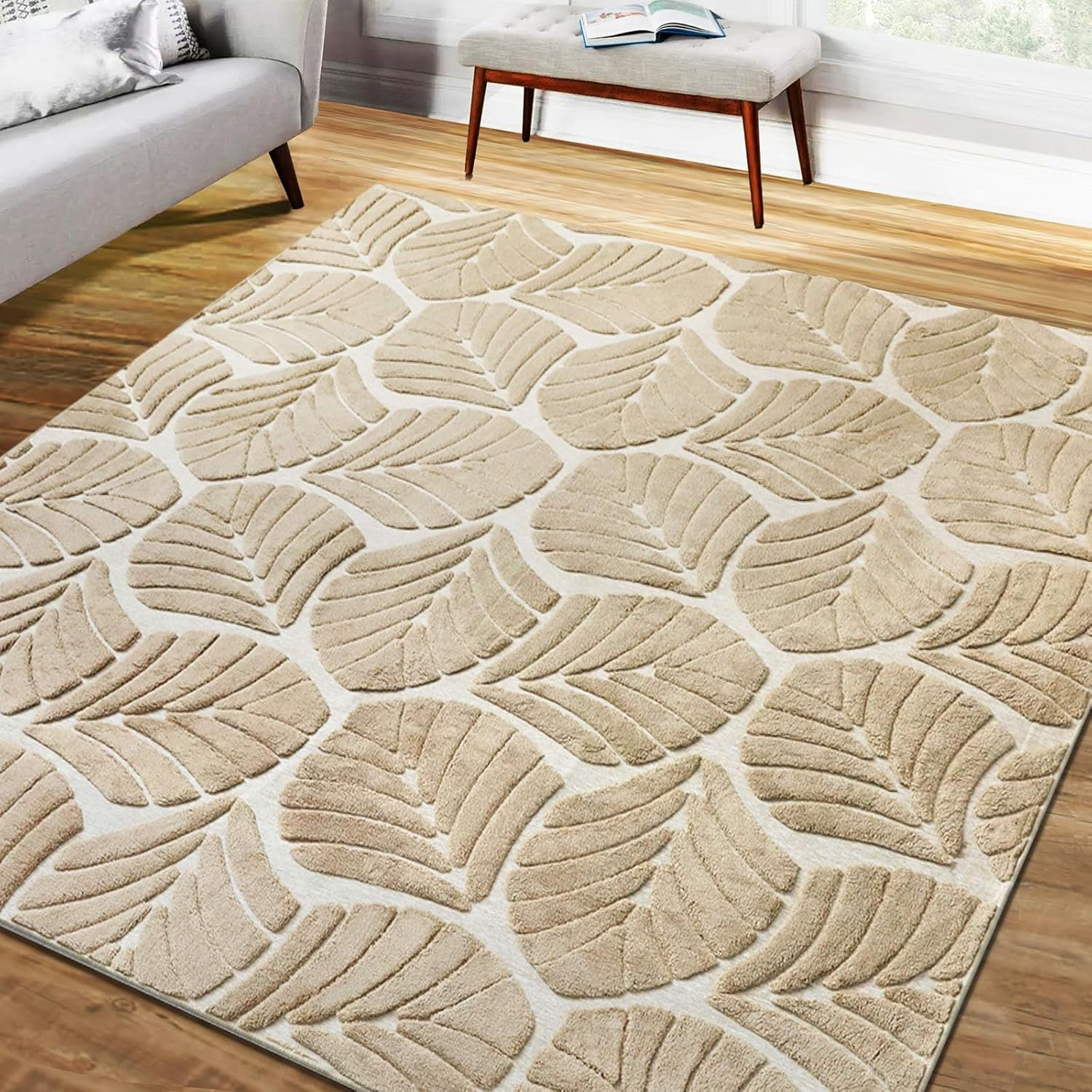Marlow Area Rug 200 X 230Cm with Non-Slip Backing Durable Floor Carpet Mat for Living Room Bedroom Home Decor Polyester Large Fluffy Shaggy Embossed Rug 10Mm Pile Washable Carpet (Leaf Brown)