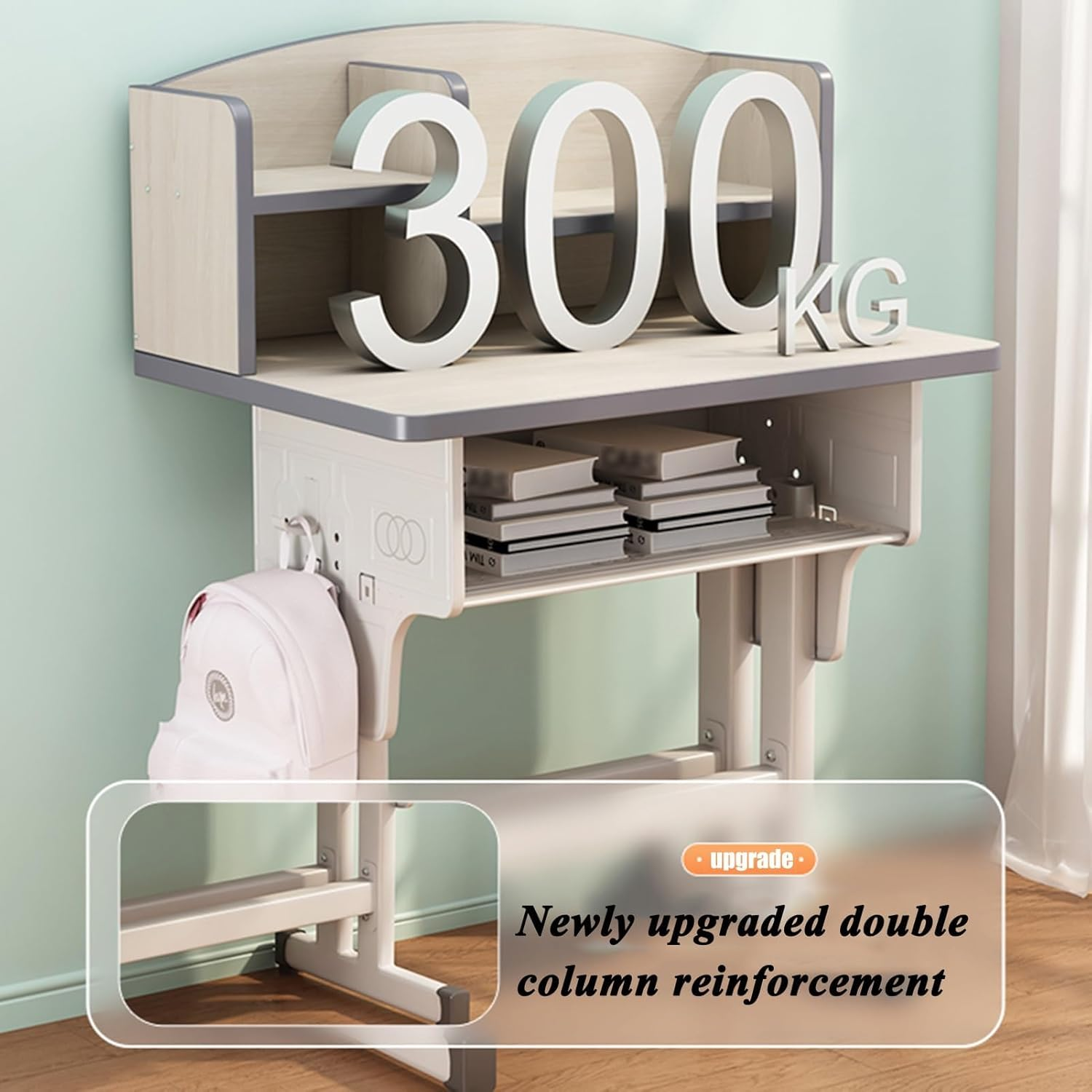 Kids' Study Desk Chair Sets, Adjustable Height, Ergonomic Design, with Large Storage Drawer and Bookshelf, Grey, for Bedroom image number 5