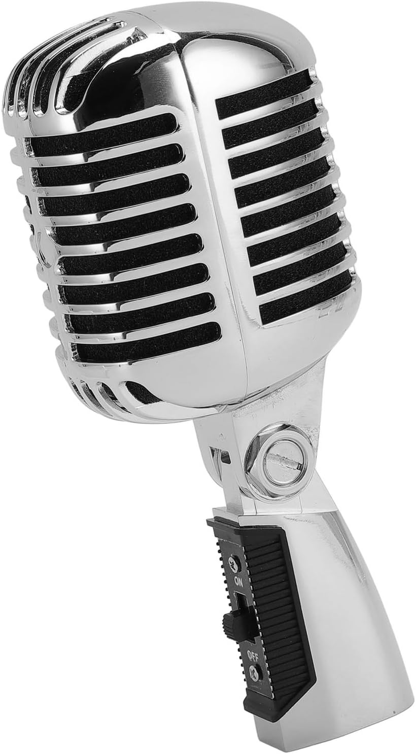 Classic Retro Dynamic Vocal Microphone, Old Vintage Style Cardioid Directional Mic with Self Tensioning Swivel Rack, for Live Performance Studio Recording (Silver) image number 4