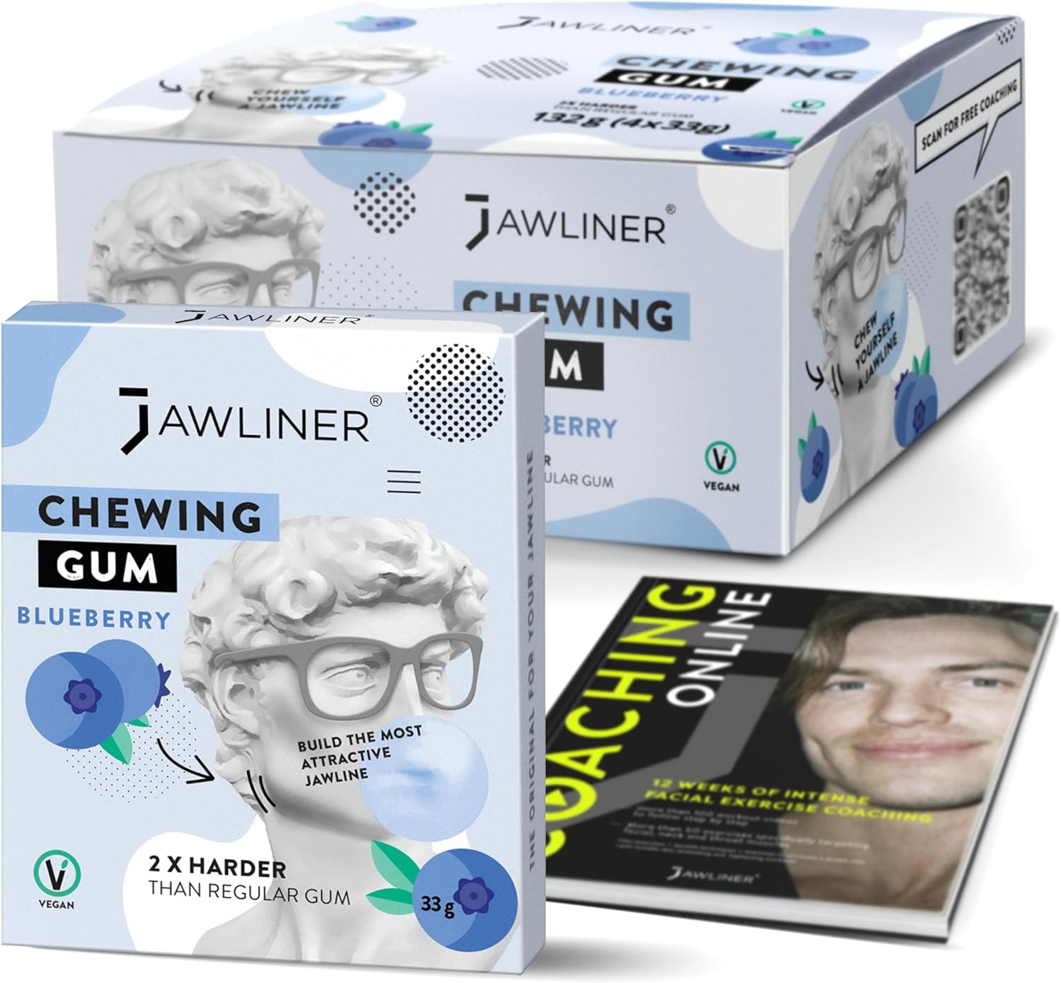 Jawliner&reg; Hard Jawline Chewing Gum - Sugar Free Blueberry Tough Jaw Gum - Jaw Exerciser Strong Mewing Jawline Mistic Gum - 2X Harder than Regular Chewing Gum 130 Grams (48 Strips) image number 4