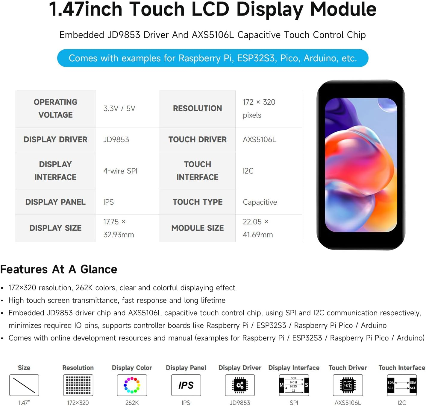 Waveshare 1.47Inch LCD Small Display Module with Touch Panel, Compatible with Raspberry Pi/Pi Pico/ ESP32S3, Micro LCD Display, 172&times;320 Resolution, IPS, SPI and I2C Communication, 262K Display Color image number 1