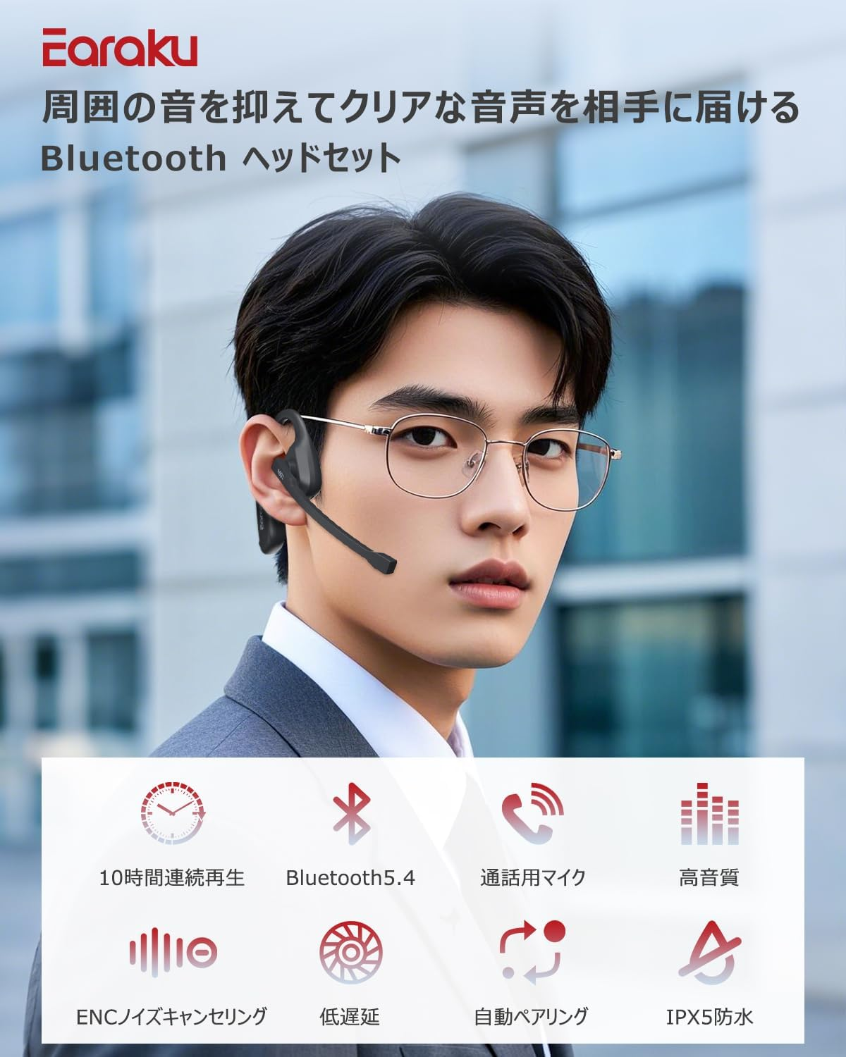 Earaku Bluetooth Headset, Earphones, Earphones, with Microphone, Bluetooth 5.2, ENC Noise Cancelling Technology, Low Latency, No Ear Blocking, Wireless Earphones, Open Ear, 1.1 Oz (32 G), Lightweight, image number 5