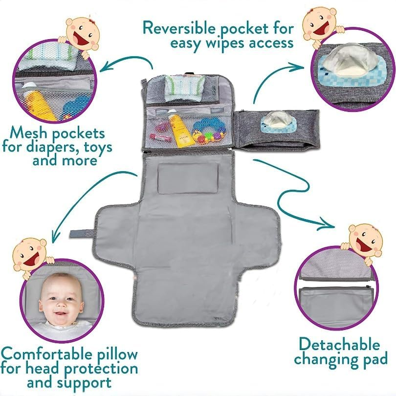 Portable Changing Pad Foldable Baby Diaper Changing Pad Waterproof Nappy Changing Mat Travel Diaper Change Sheet Changing Pad Portable with Wipes Pocket(Gray)