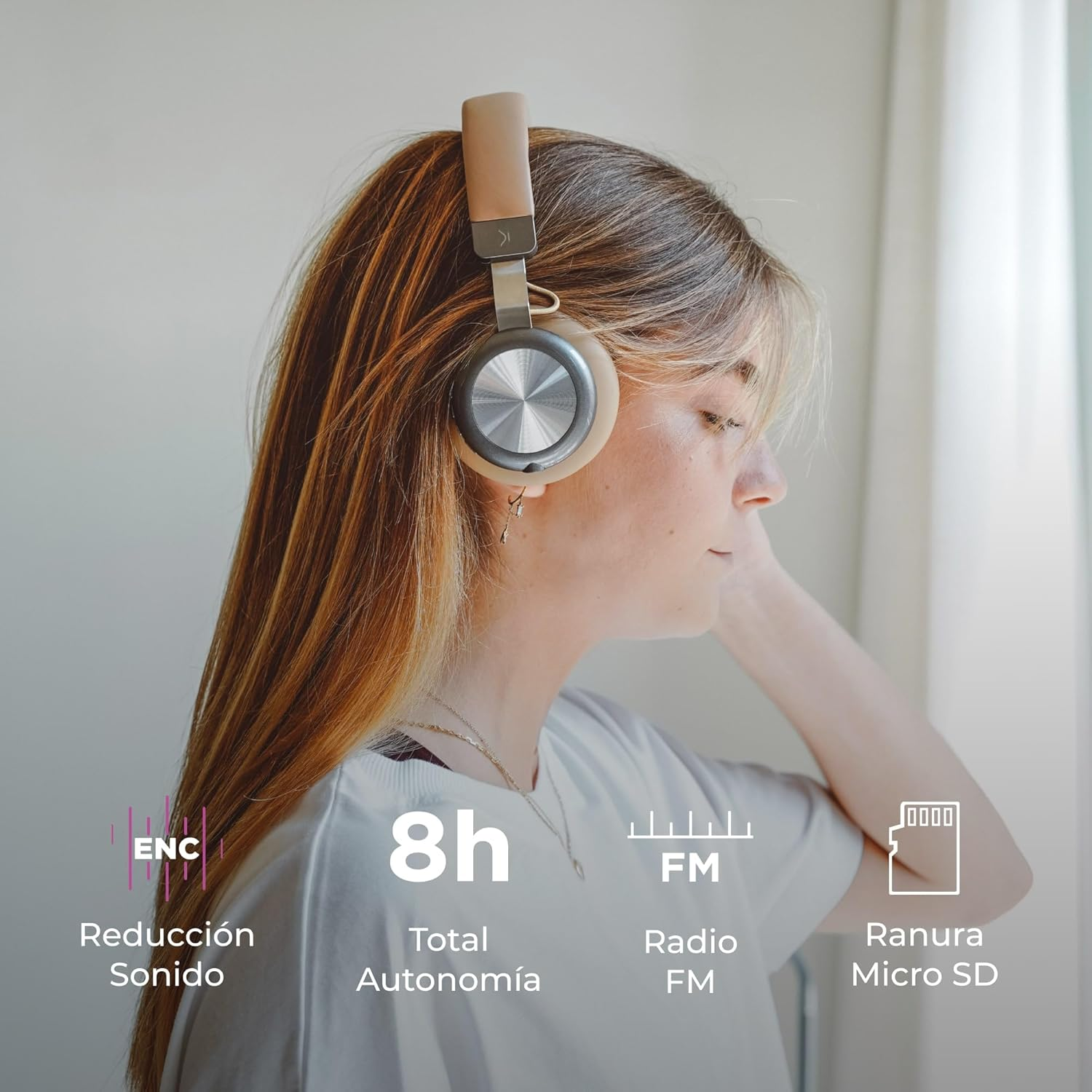 KSIX Wireless Headphones Retro 2, FM Radio, SD Card, Bluetooth 5.0, up to 10 Hours Runtime, Brown image number 3