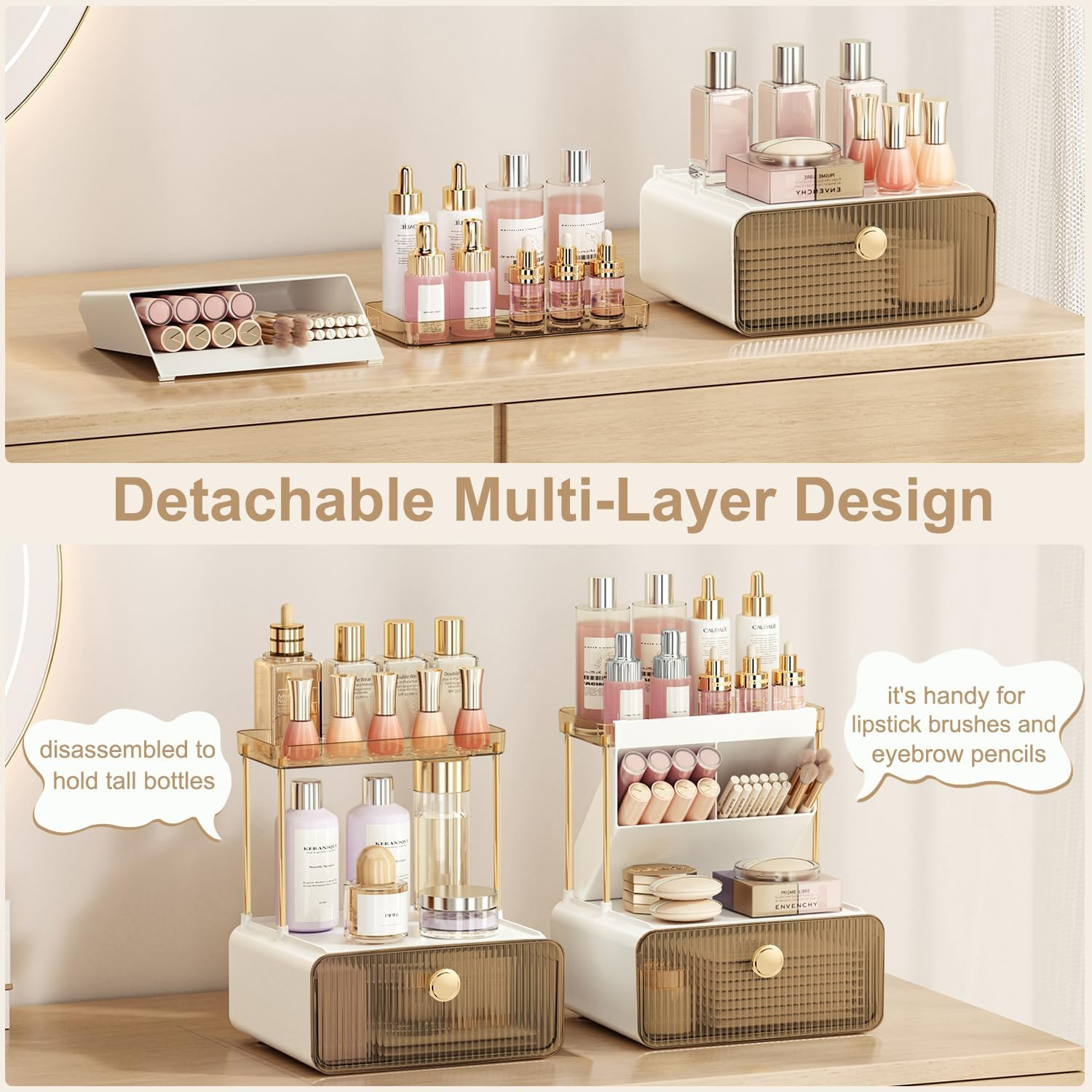 Makeup Organizer Countertop 2-Tier 1-Drawer Cosmetics Organiser Skincare Makeup Organiser Shelf Brush Holder Vanity Organiser (Amber) image number 1