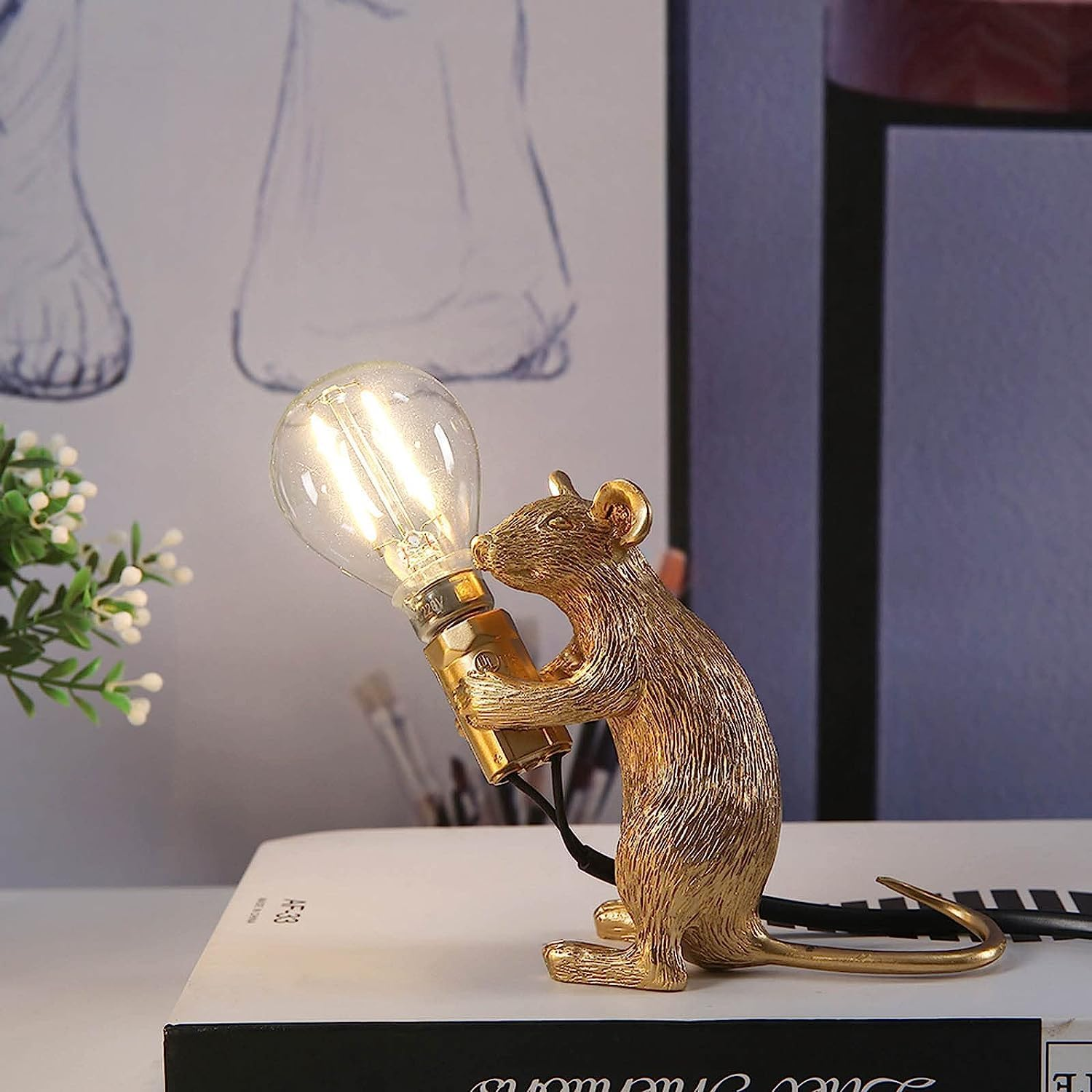 Modern Resin Mouse Lamp Table Lights,Mouse Shape Creative Desk Lamps Bedside Holiday Christmas Birthday Gift Decoration Bedroom Study Room Living Room Decor (Gold Standing) image number 2