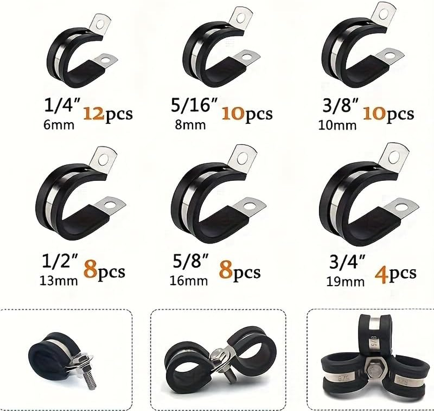 Rubber Cushioned Cable Clamp Assortment 52Pcs Kit YS189 - Hose Clamps - Cushioning Insulated Cable Pipe Clips Stainless Steel Rubber Pad Pipe Clips in 6 Sizes: 1/4" 5/16" 3/8" 1/2" 5/8" 3/4" image number 4