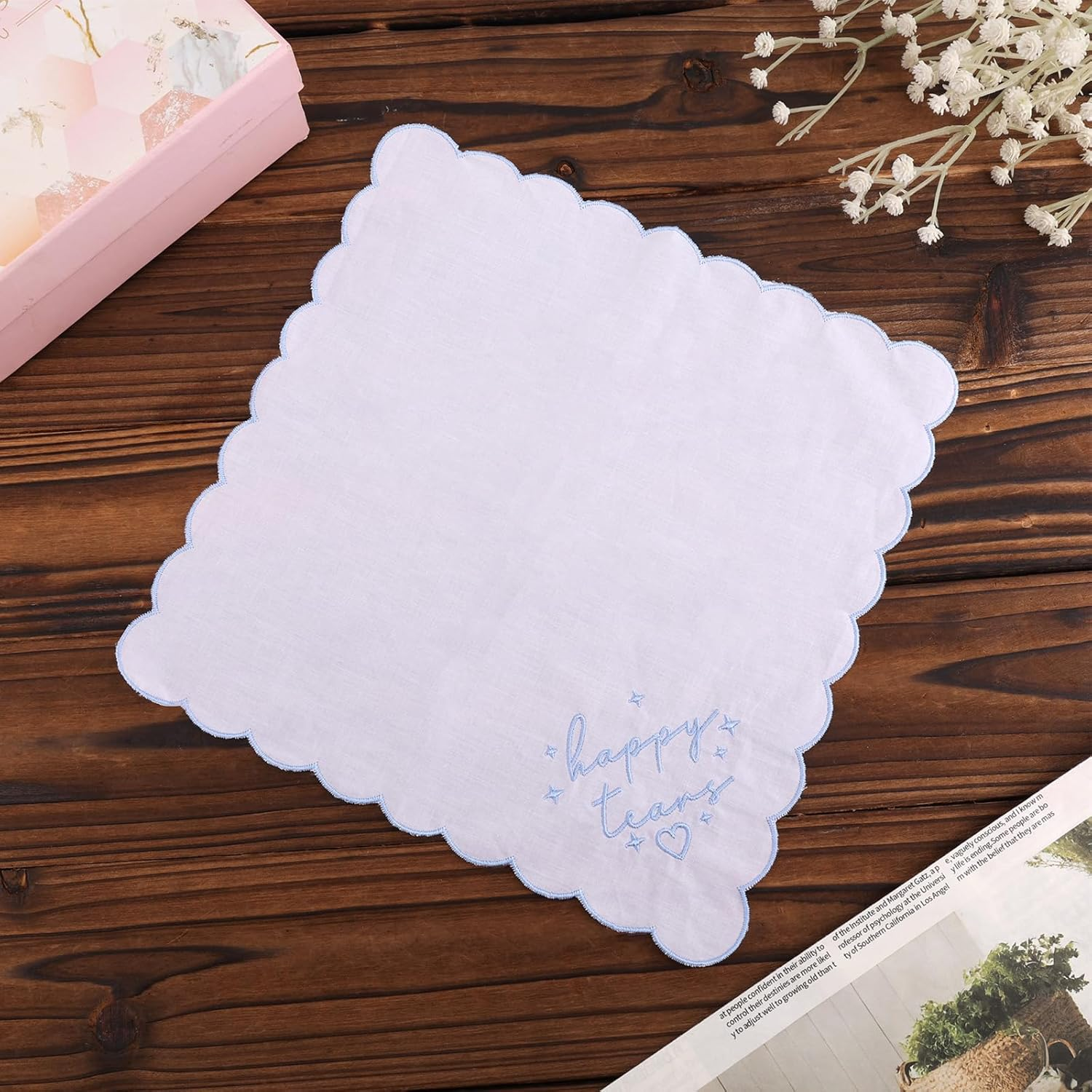 Fukaisu Happy Tears Embroidered Handkerchief, 10X10In/25X25Cm Bridal Handkerchief with Blue Embroidered Scalloped Edges and Hearts image number 4