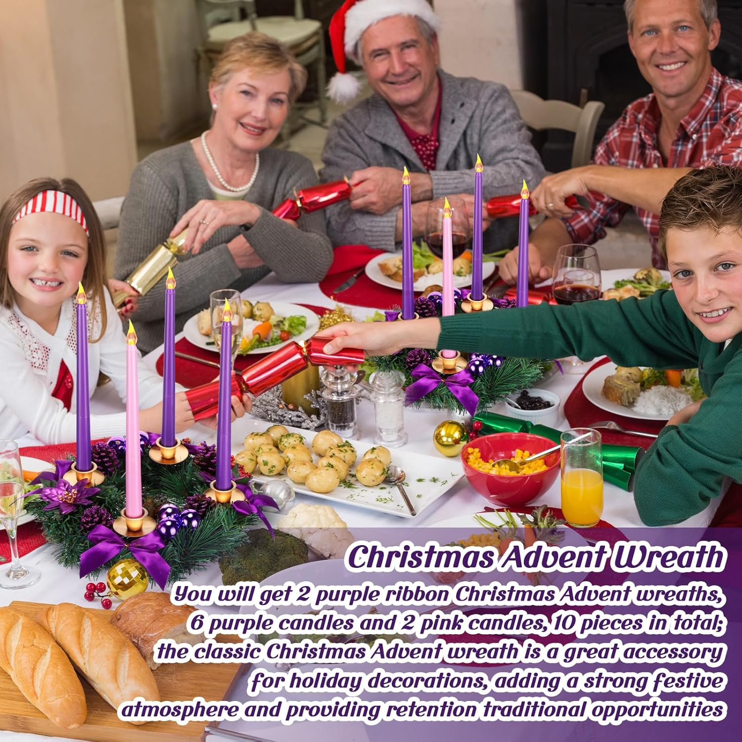 Fumete 2 Set Christmas Advent Wreath 11.8 Inch Purple Ribbon Poinsettia Ball Berry Advent Candle Holder with 8 Flameless Taper Candles for Table Centerpiece Decoration Holiday Party Home Church image number 4