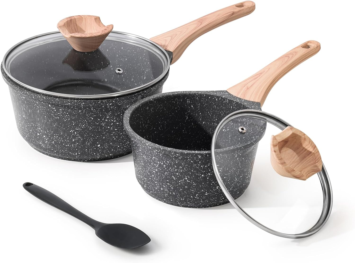 Kordisen Sauce Pan Set with Lid, 1.5QT & 2.5QT Non Stick Small Pot with Granite Coating, Saucepan with Pour Spout, Multipurpose Handy Induction Pot, Kitchen Cookware Cooking Pot, PFOA/PFOS Free