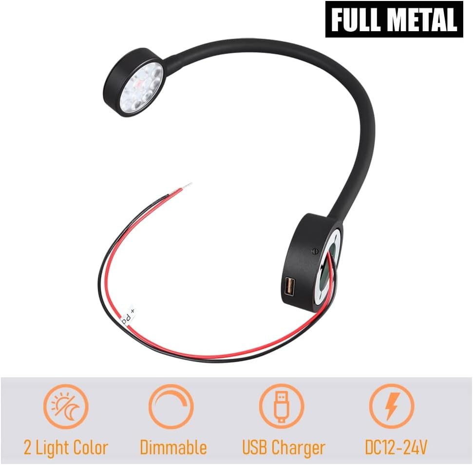 RV LED Reading Light Flexible Spot Inbuilt USB Charger&Red Night Light 12V Bedside Lamp for Motorhome Caravan Campervan Boat, Inbuilt Dimmer Switch DC12-24V Hard-Wired image number 3