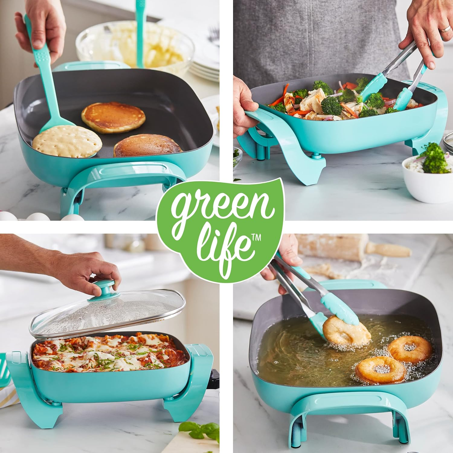 Greenlife 12" 5QT Square Electric Frypan, Glass Vented Lid, Ceramic Pfas-Free Nonstick Interior, Adjustable Temperature Control, Cool Touch Handles, Quick Even Heating, Scratch Resistant, Turquoise image number 3