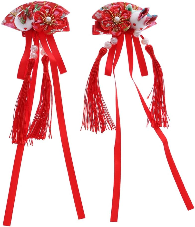 C-117-3 Red Fan Shape Rabbit Handmade Sakura Cherry Blossom Fabric Flowers Tassels Hair Clip Hair Clip Hair Clip Japan Geisha Kimono China Hanfu Accessory image number 6