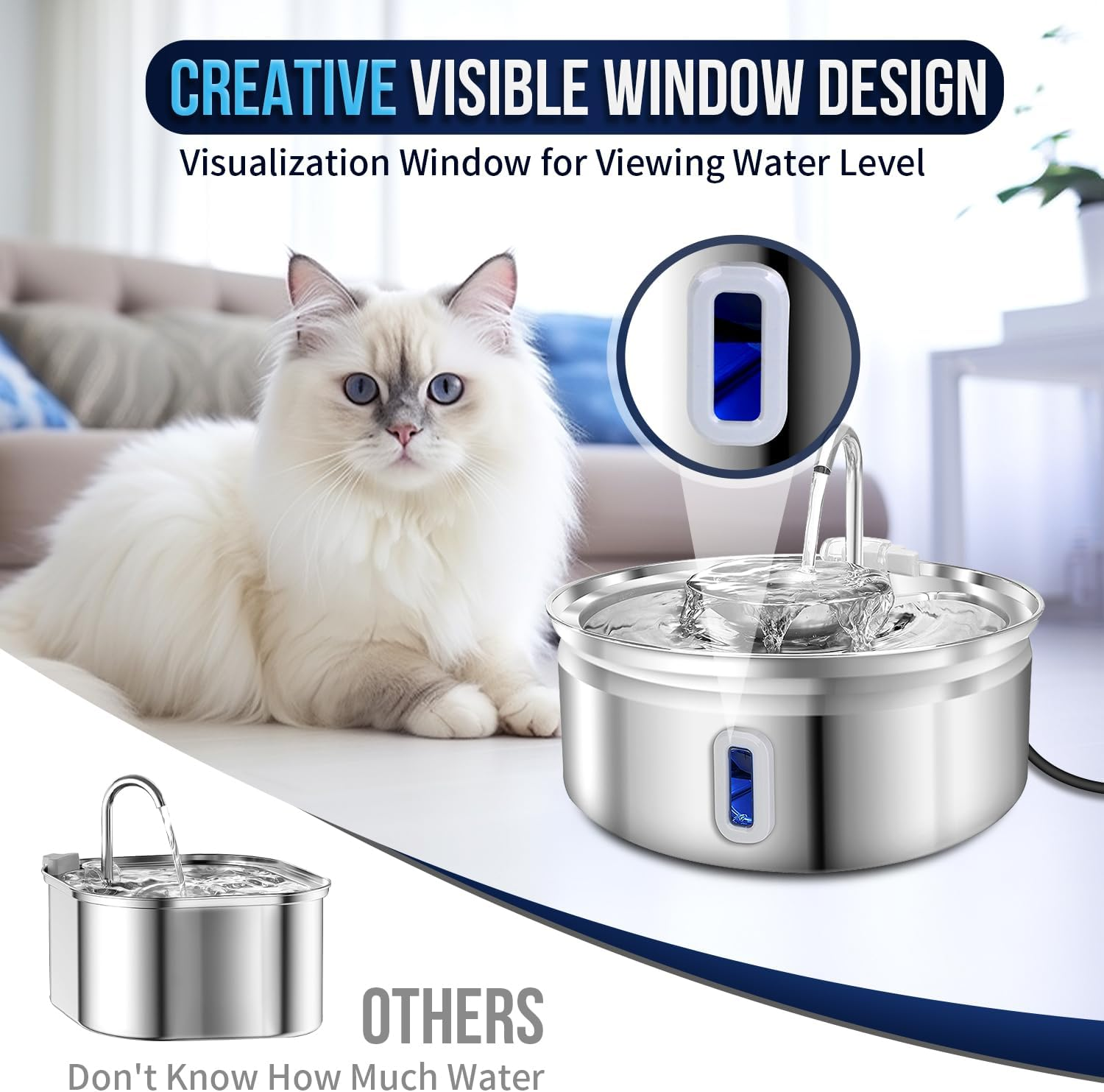 Slowton Cat Water Fountain - Stainless Steel Automatic Fountain for Cats & Dogs, 108Oz/3.2L, Quiet Pump with Water Level Window Filter (Silver) image number 6