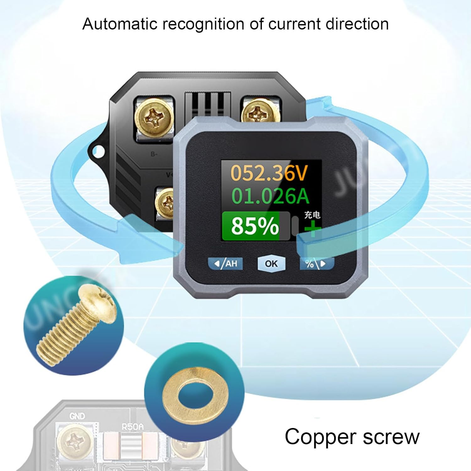 Battery Monitor with Shunt, 50A 10V-100V Capacity Percentage Time Power Voltmeter Display, LCD Backlight Screen for RV Motorcycle Cart Solar Panel