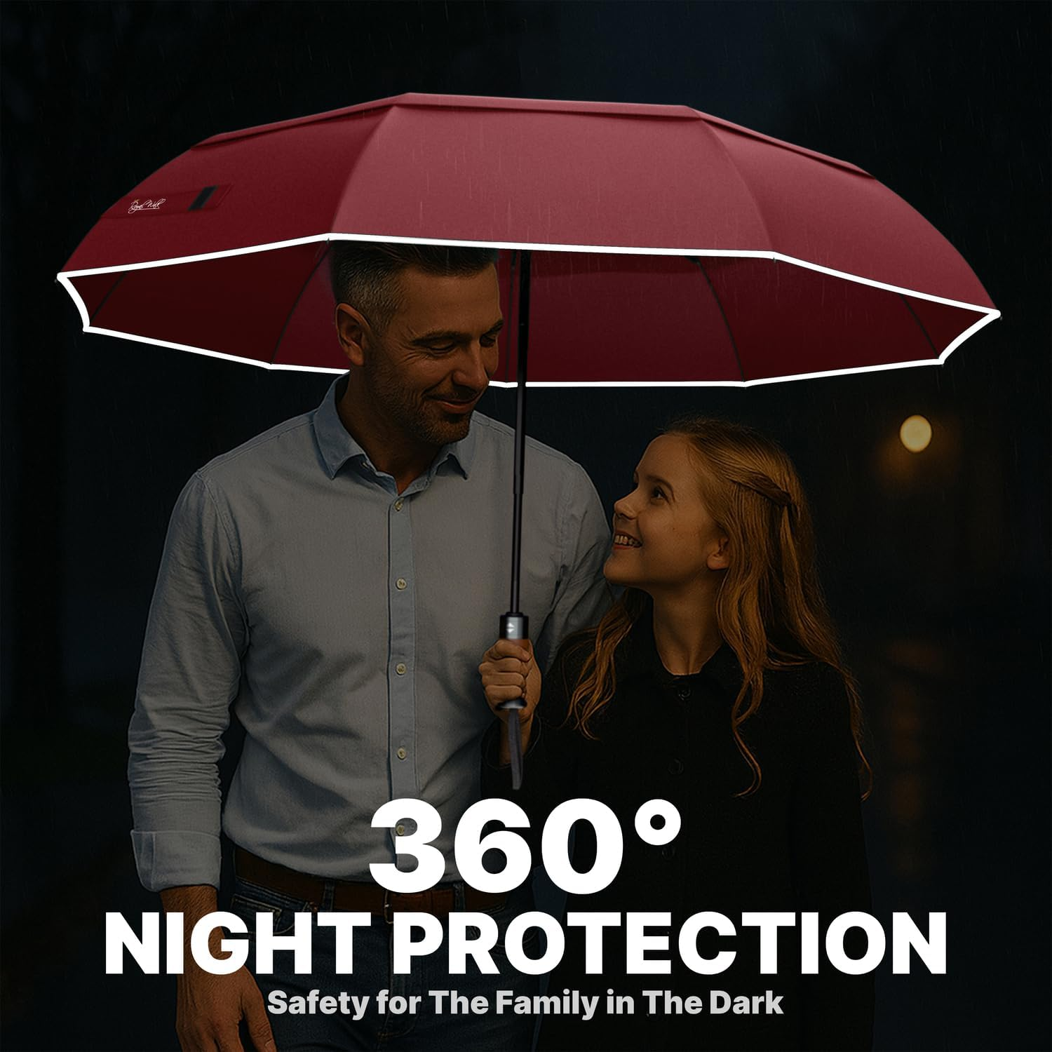 Royal Walk Windproof Folding Travel Umbrella Compact and Strong Luxurious Real Wood Handle Automatic Open Close Vented Double Canopy for Men and Women - Dark Red image number 3