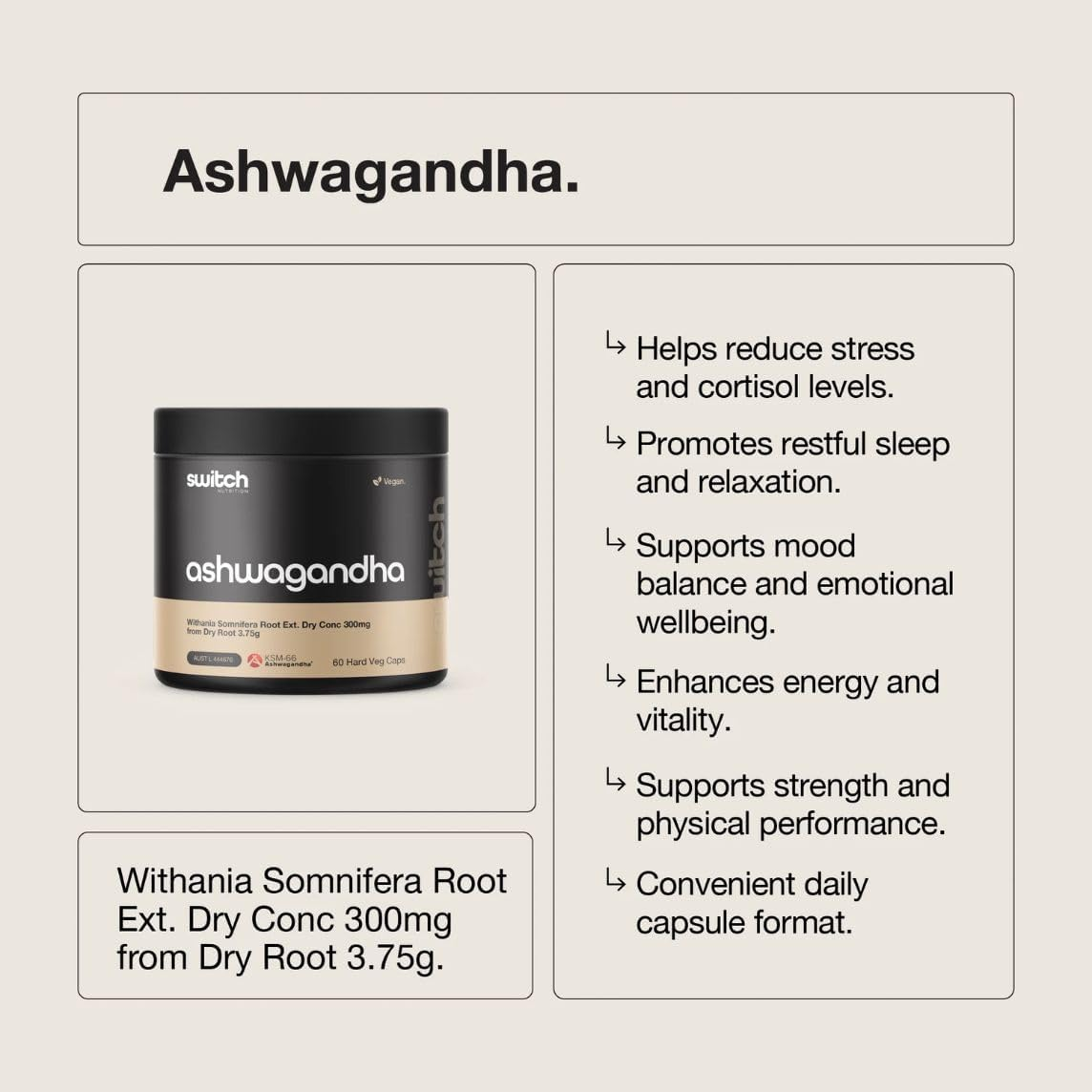 Switch Nutrition Ashwagandha (KSM-66), Stress Management Capsules, 300Mg, 60 Capsules