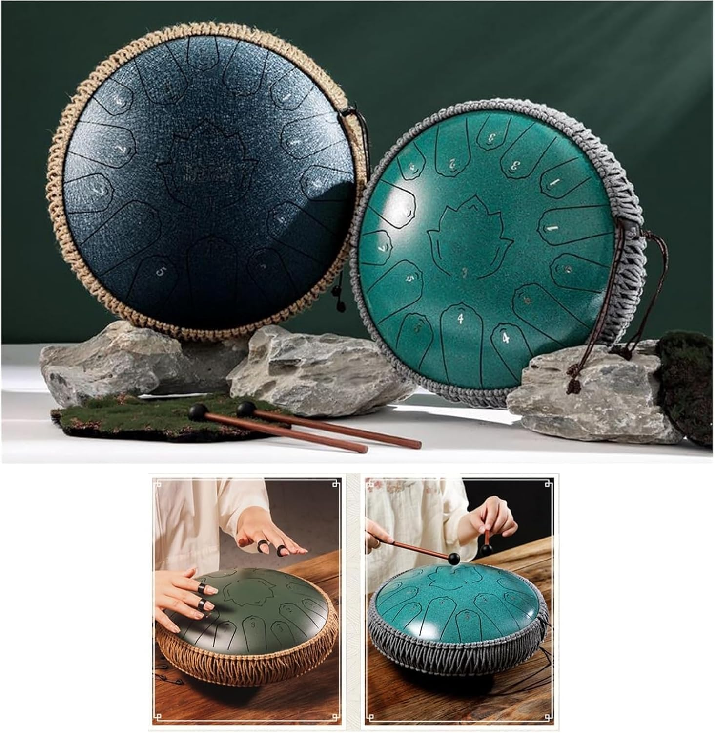 Steel Tongue Drum 13 in 15 Notes Tongue Drum, D Major, Outdoor Rain Drum with Carry Bag, Music Book and Hand Drumsticks (Green)