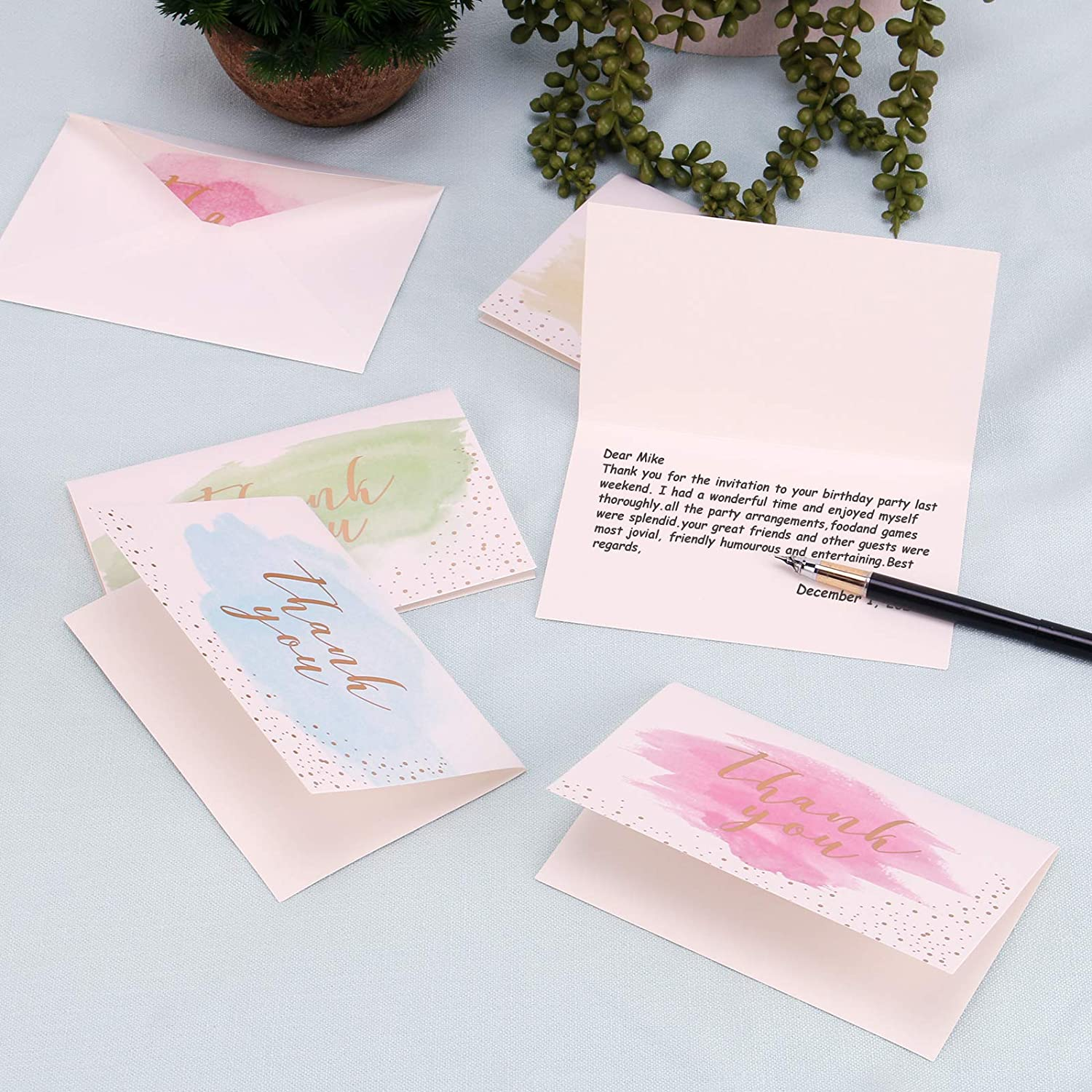 Thank You Cards Set: 12 Sheets Thank You Greeting Cards with Envelopes and Stickers,Watercolour Design, Greeting Cards for Wedding, Kids - Fully Recyclable and Eco-Friendly Cards image number 3