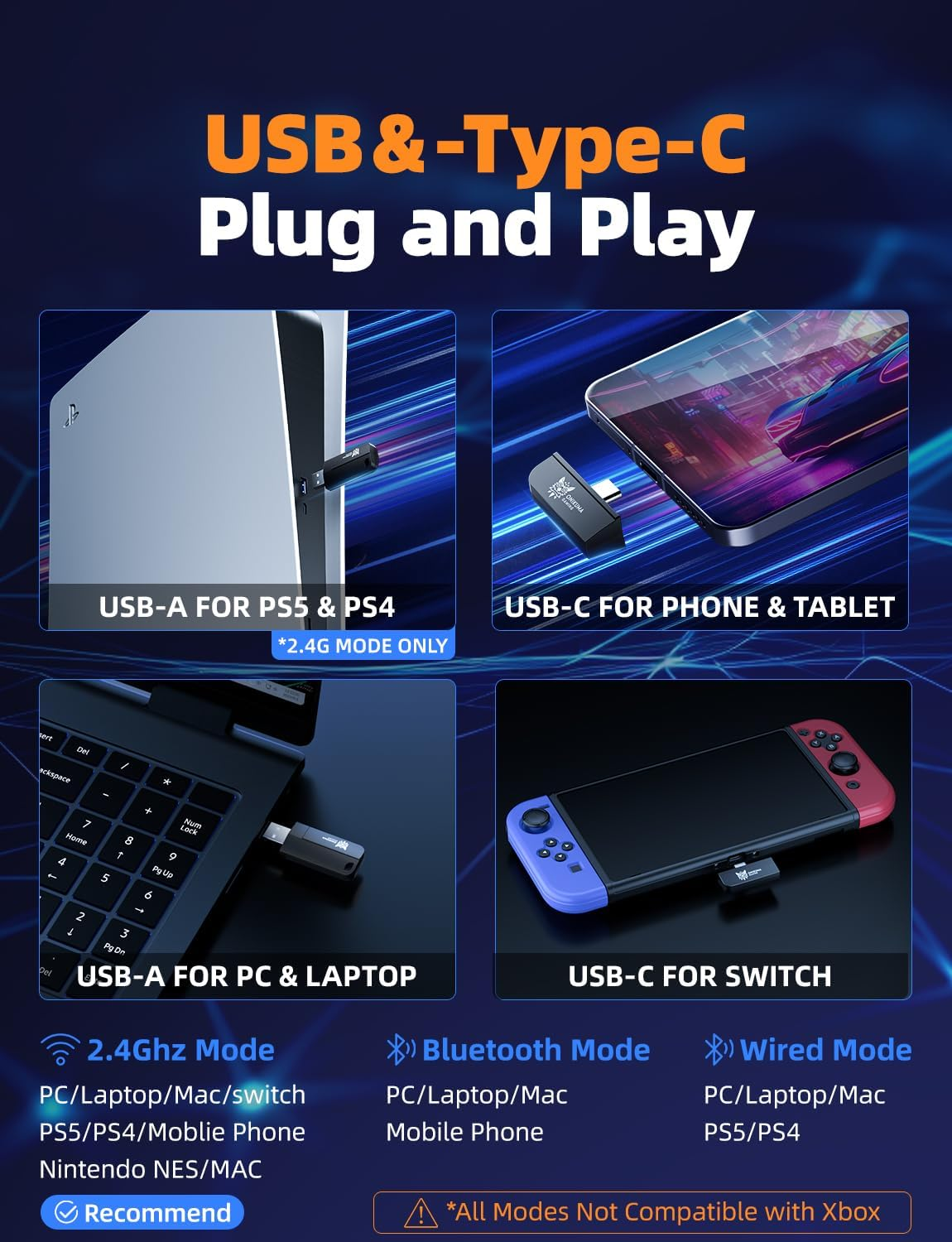 2.4Ghz Wireless Gaming Headset for PC, Ps4, Ps5, USB & Type-C Gaming Headphones with Detachable Microphone, Bluetooth 5.4 over Ear Gamer Headset Compatible for Switch, Laptop, Mobile, Mac, RGB Light - Black image number 4