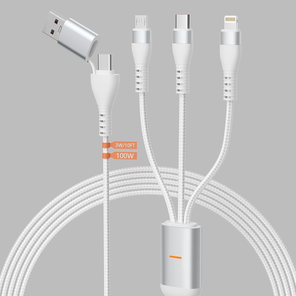 Pubiohs 3M Braided Long 3 in 1 Multi Charging Cable - 100W PD Fast Charger Cable with USB-A/USB-C Inputs + Lightning/Usb-C/Micro USB Outputs for Iphone 16/15/14, Ipad, Galaxy, 100 Watt Laptop image number 5