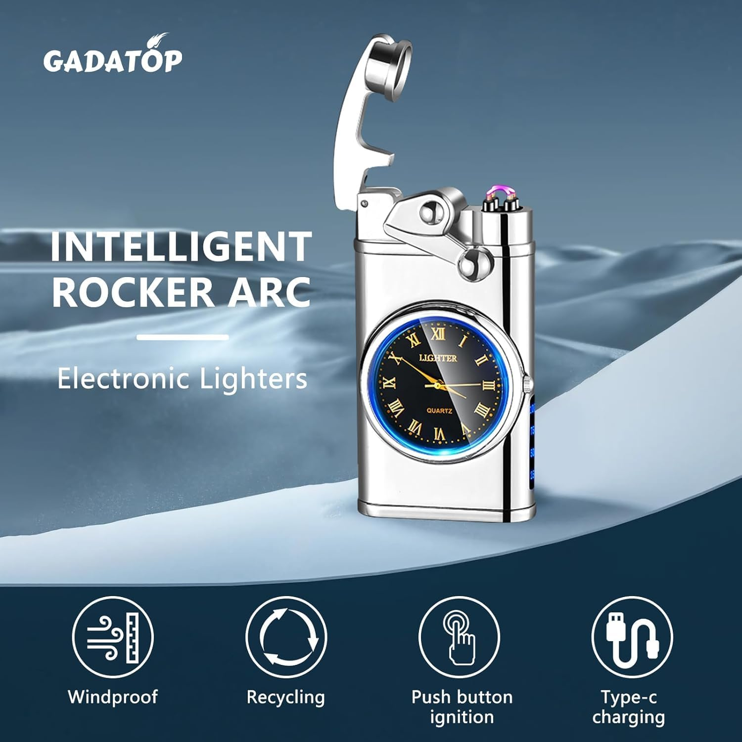 Electric Lighter Personalized Creative Lighter USB Rechargeable Lighter Flameless Lighter Windproof Dual Arc Plasma Lighters with Luminous Real Watch Dial LED (Silver) image number 3