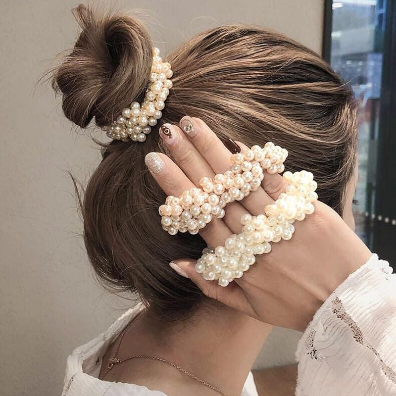 Pearl Hair Ties for Girls Women Elastic Pearl Scrunchie Non Slip Pearls Ponytail Holders for Thick Thin Hair Pearl Hair Accessories for Women Hair Tie Pearl Hair Band 3Pcs image number 2