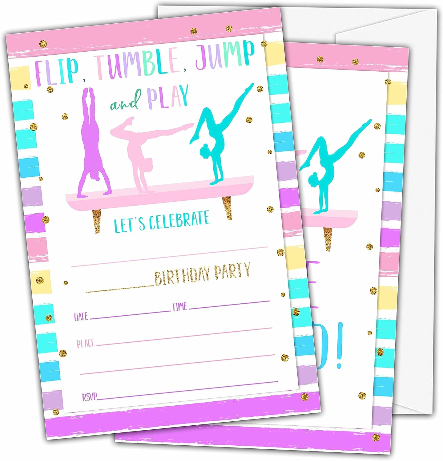 Gymnastics Birthday Invitations, Gymnastics Theme Birthday Party Invitations for Girls Boys Kids, Jump Tumble and Play Fill in Birthday Party Invites, Decorations, 20 Invitations with Envelopes (D04) image number 2