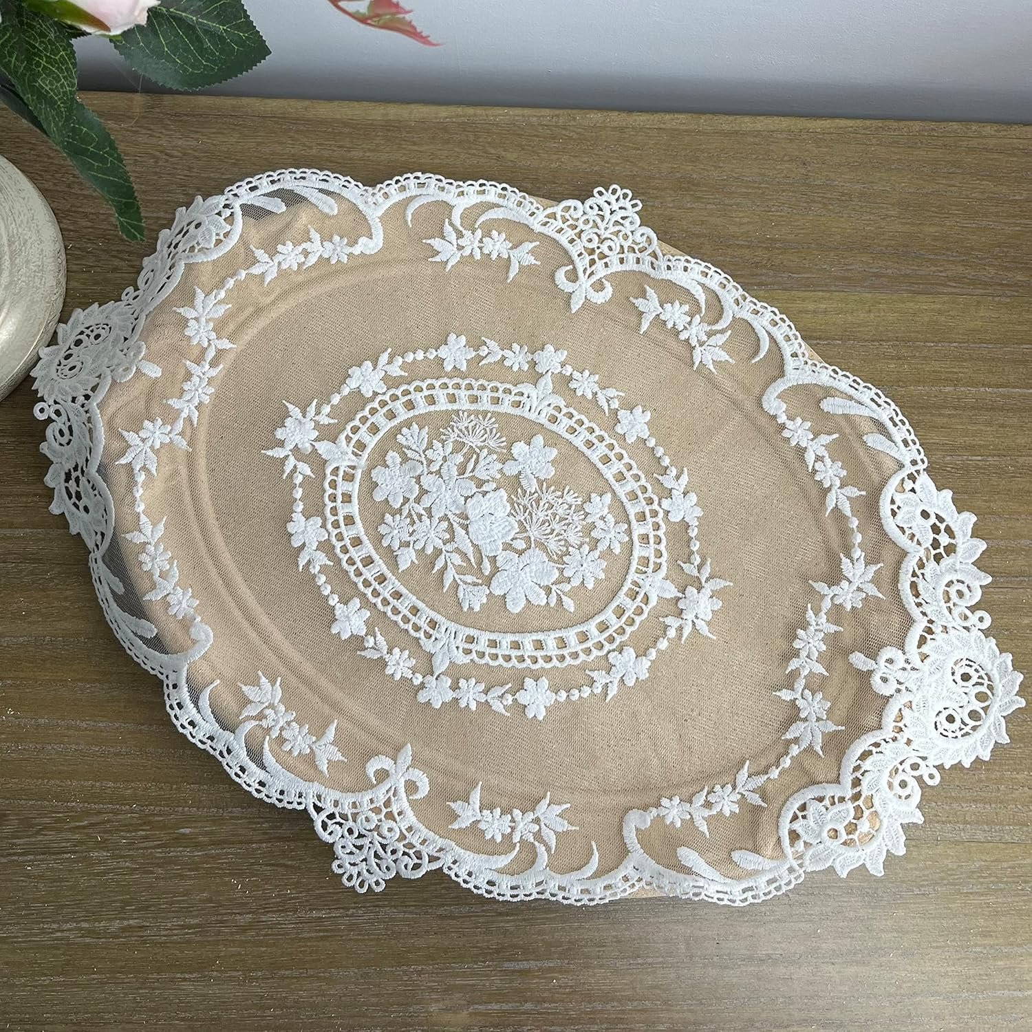 2PACK Retro French Style Lace Placemats Fashionable Embroidered Cup Mat Vase Mat 16.5&rdquo;X11.6&rdquo;,White image number 2