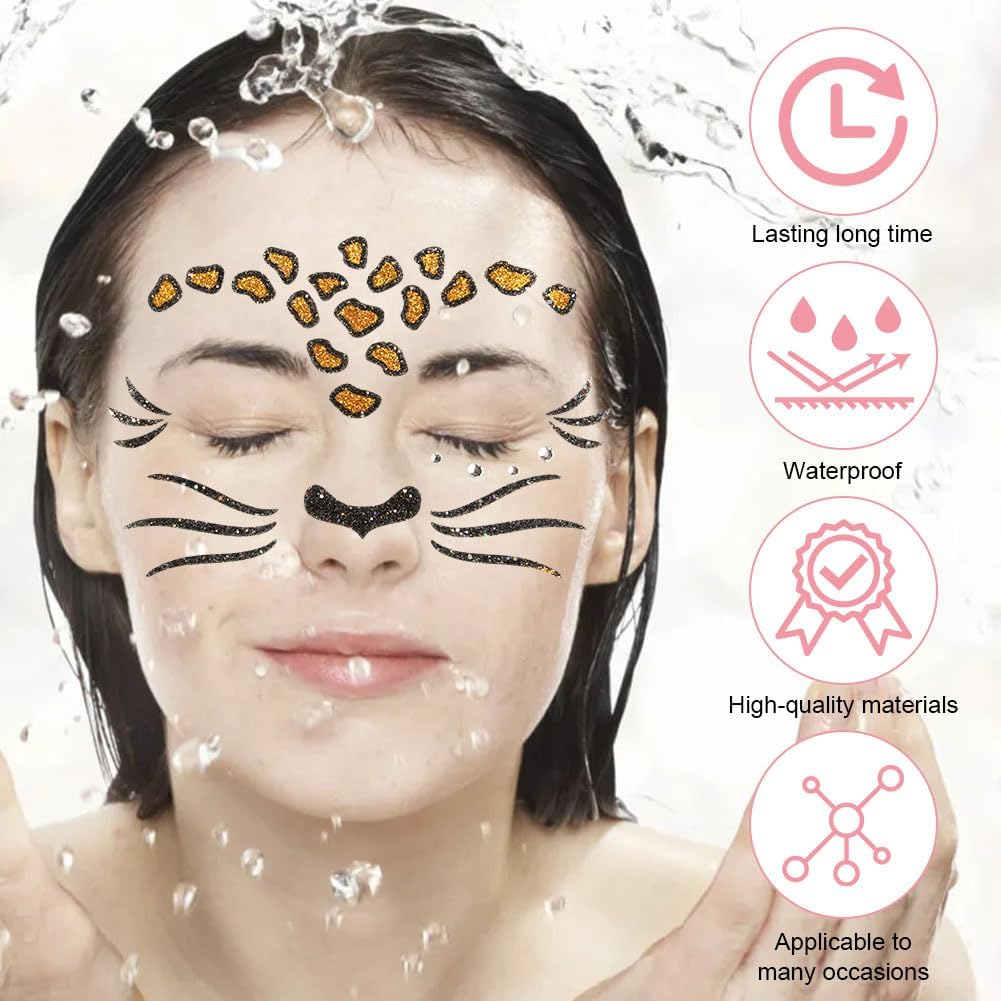 Alaoo Face Tattoo Carnival, Face Art Sticker Leopards, Temporary Tattoos, Tattoo Face, Glitter Stones Face Make-Up, Removable Glitter Face Stickers for Halloween, Theme Party - Butterfly image number 6