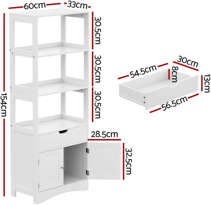 Artiss Bathroom Floor Storage Cabinet with 2 Drawers 3 Open Shelves 2 Door White