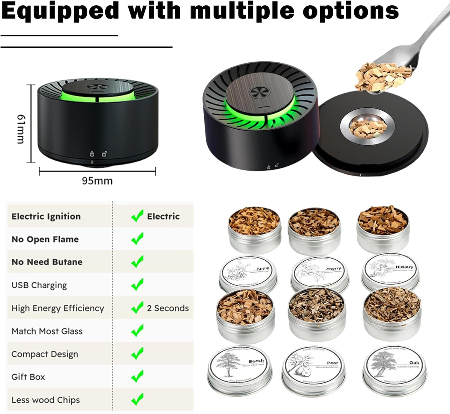 Electric Whiskey Smoker Kit (No Butane) with 6 Natural Wood Chips for Cocktails & Old Fashioned Drinks, Cocktail Smker Kit, Bourbon Whiskey Gifts for Men, Dad, Husband image number 2