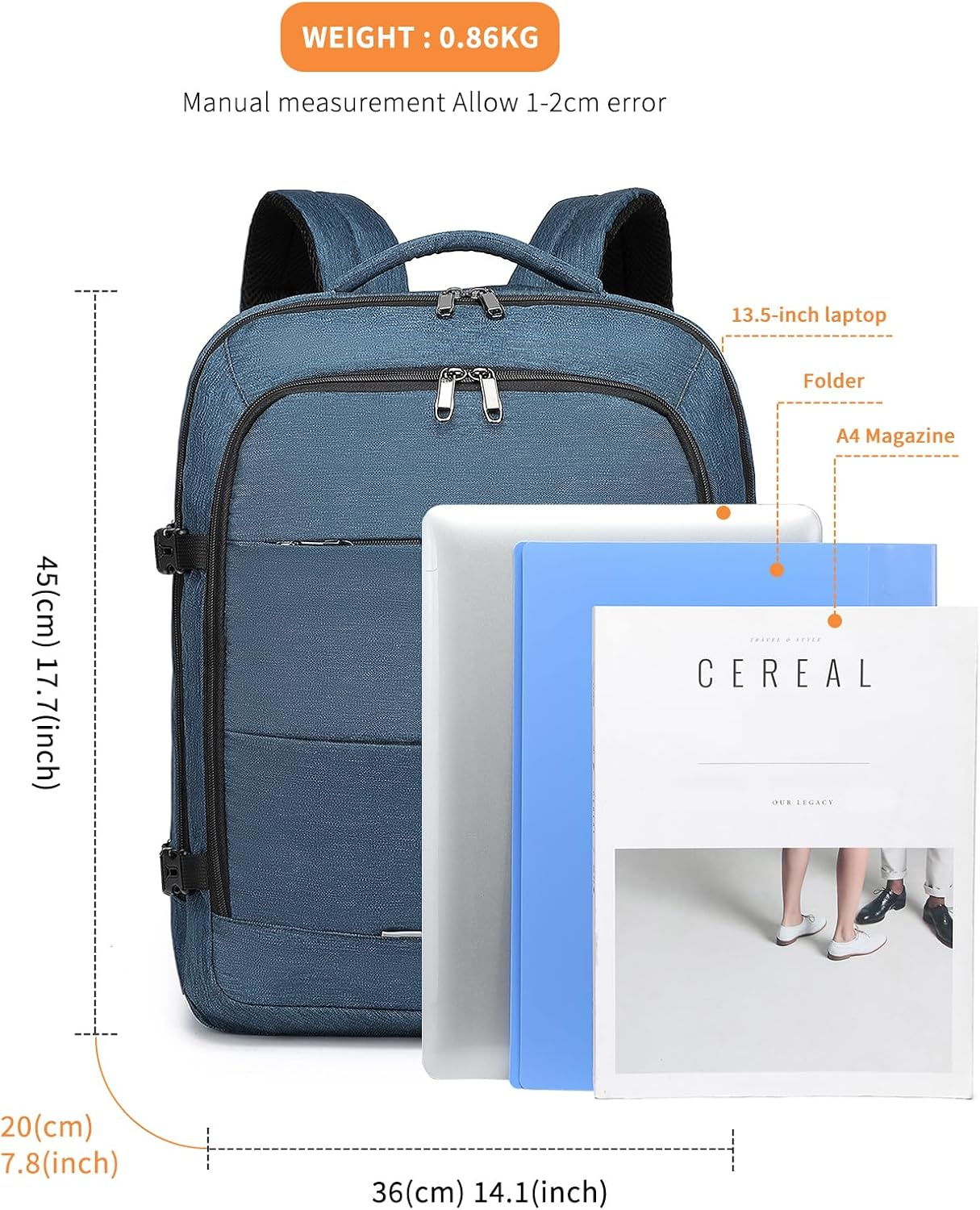 Kono Cabin Bags Underseat Carry on Backpack 45 X 36 X 20 Cm Hand Luggage Bag Large Capacity Travel Backpack - Navy image number 6